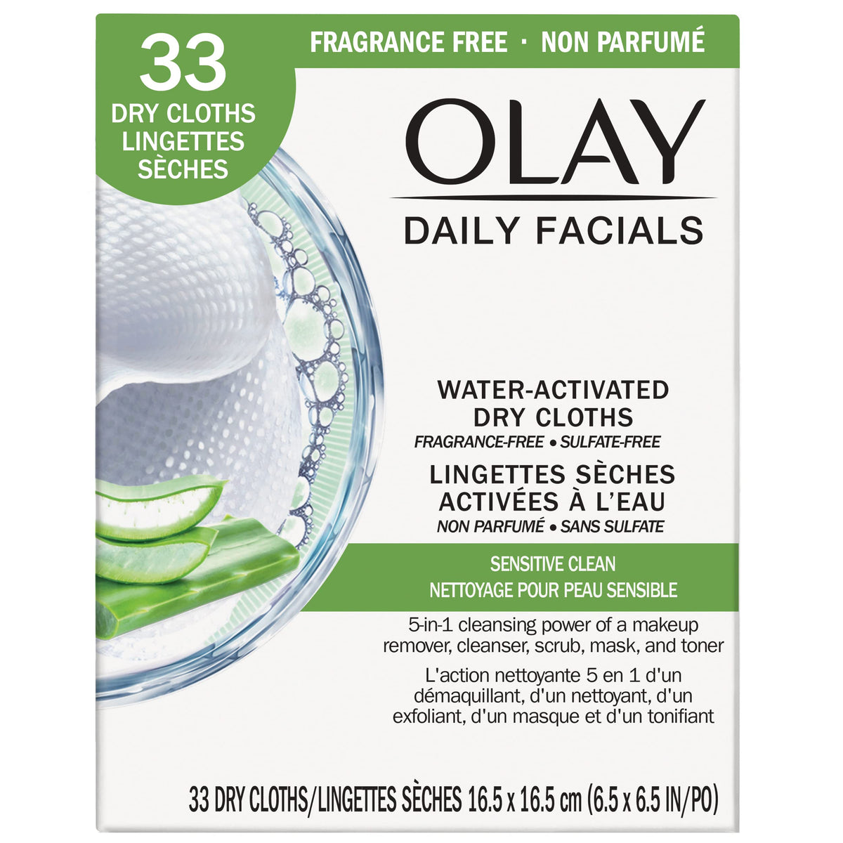 Olay Daily Gentle Clean 5-In-1 Water Activated Cloths, 33 Count, Pack Of 2, White