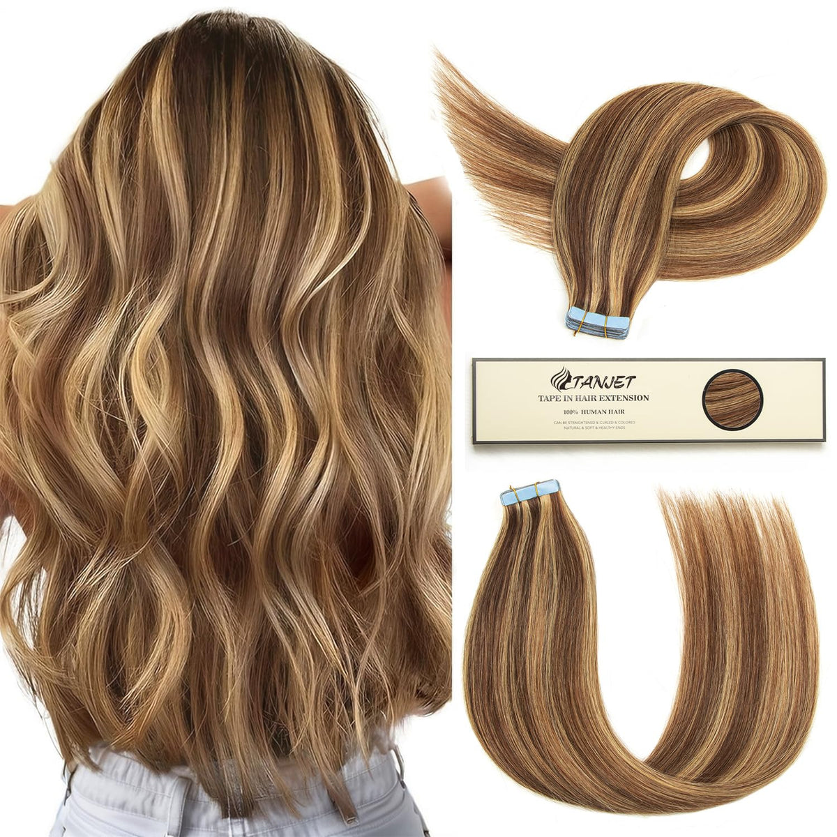 Tanjet 14&quot; Real Human Hair Tape-In Extensions, Medium Brown With Dark Blonde Ombre, 20Pcs