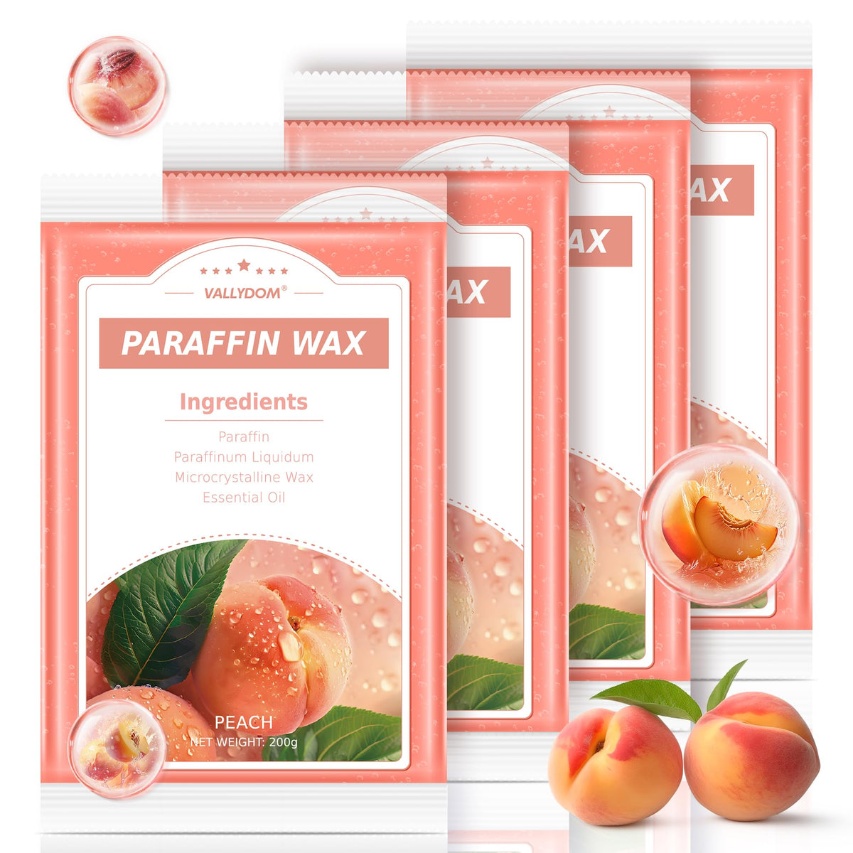 Vallydom Peach Scented Paraffin Wax Refills, 4 Pack For Hand & Feet Hydration And Fatigue Relief