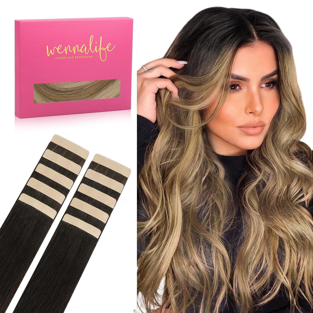 WENNALIFE 16&quot; Tape in Hair Extensions, Dark Brown to Chestnut Brown, 10pcs Remy Human Hair Set