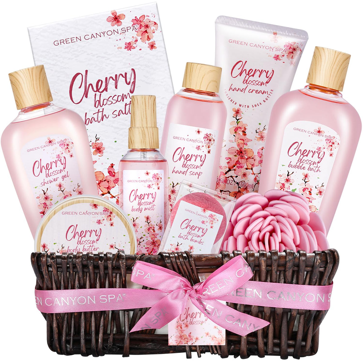 Green Canyon Spa Cherry Blossom Bath Gift Set - 10 Piece Spa Gifts For Women, Perfect For Valentine'S Day