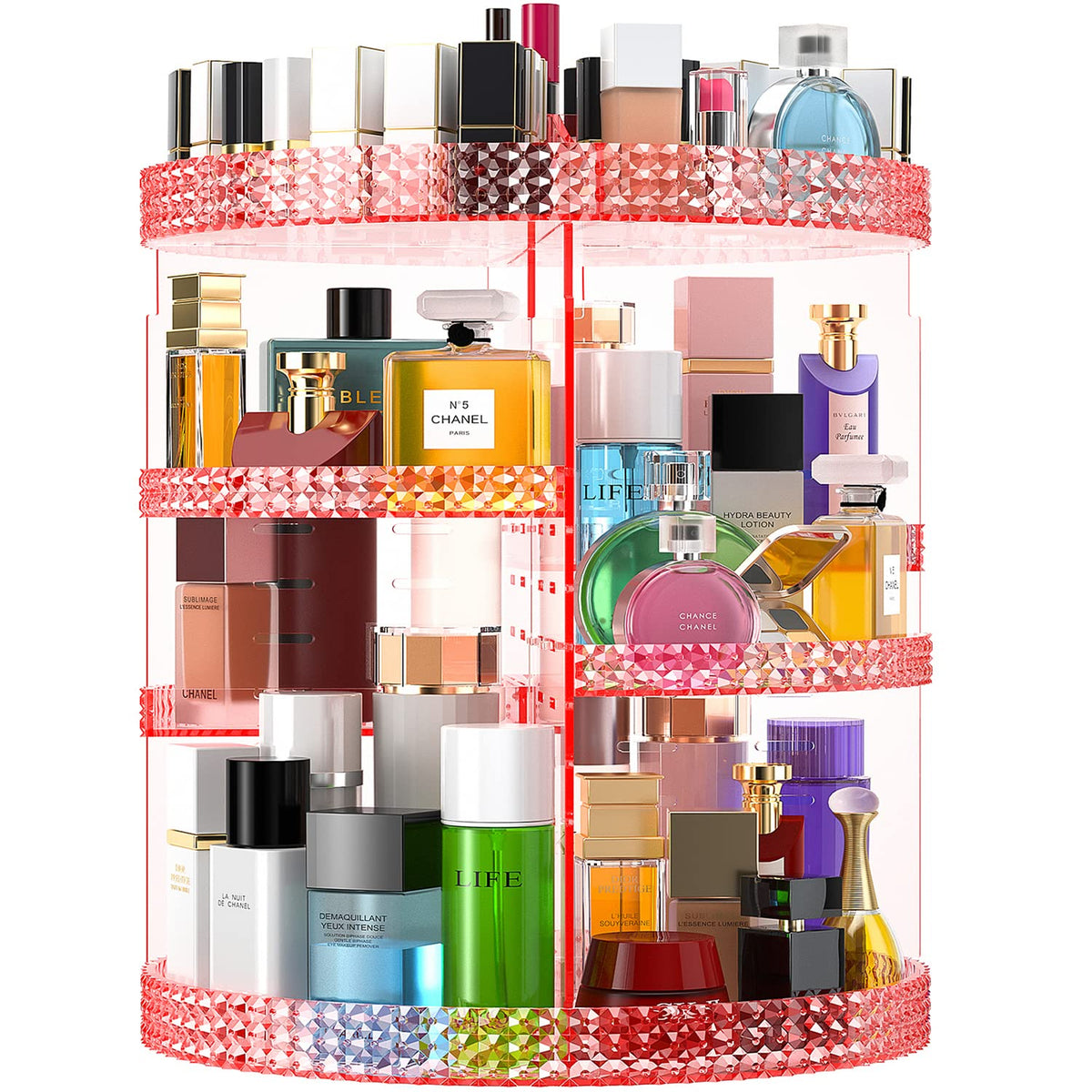 Famitree Pink 360 Makeup Organizer Carousel - Acrylic, 7 Layers, Fits Brushes & Lipsticks, 15&quot;