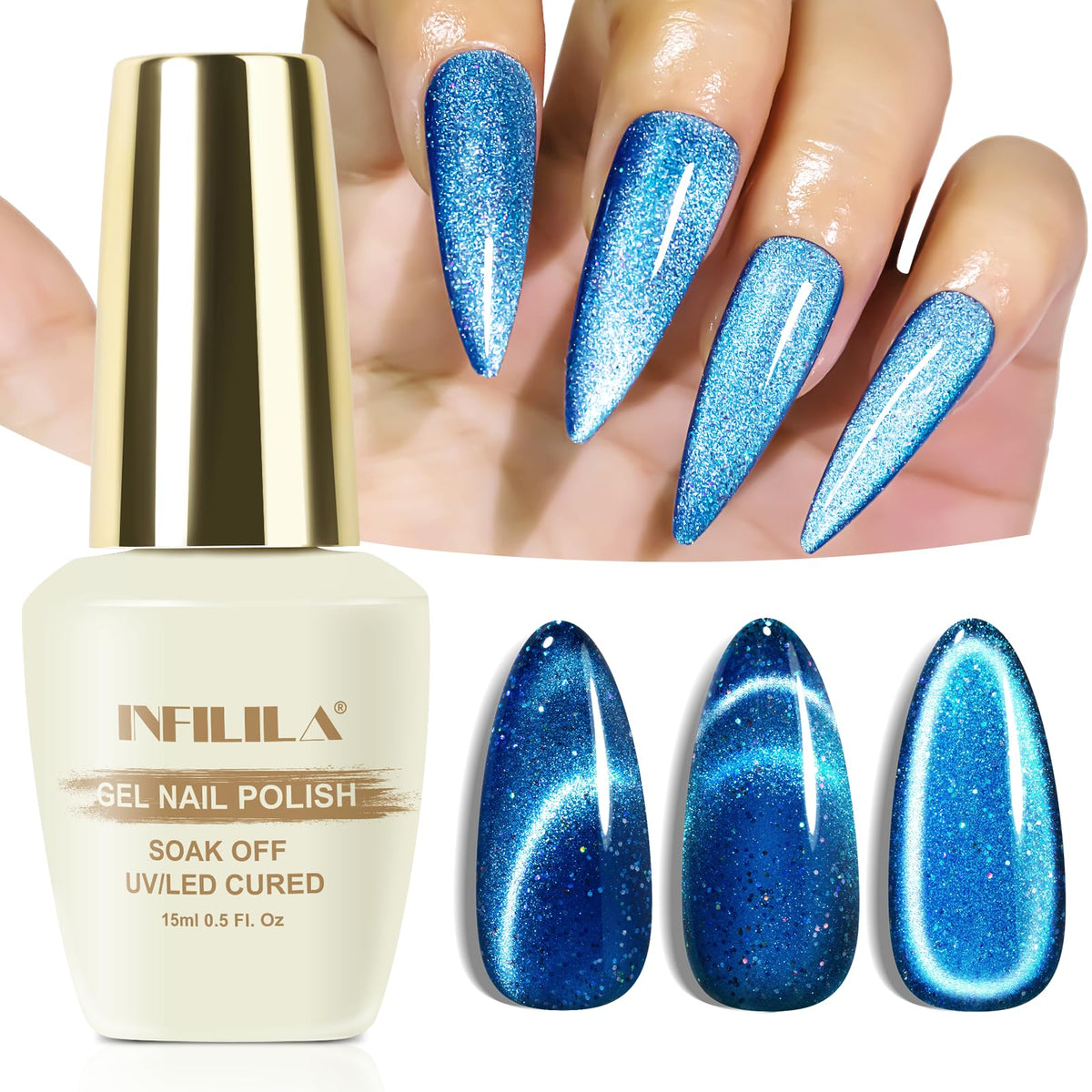 Nxj Infilila Holographic Cat Eye Gel Nail Polish, 15Ml Blue Glitter Magnetic Reflective