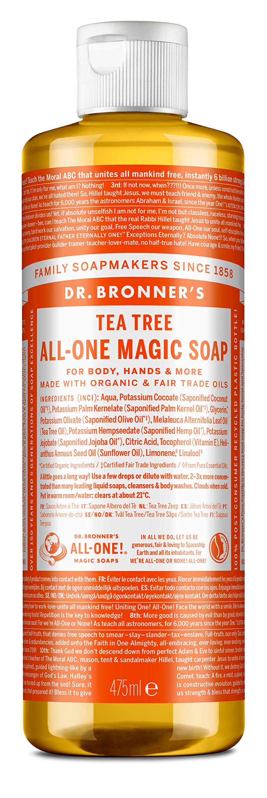 Dr. Bronner's Tea Tree Pure-Castile Liquid Soap 16 Fl Oz - 18+ Uses, Eco-Friendly Cleanser