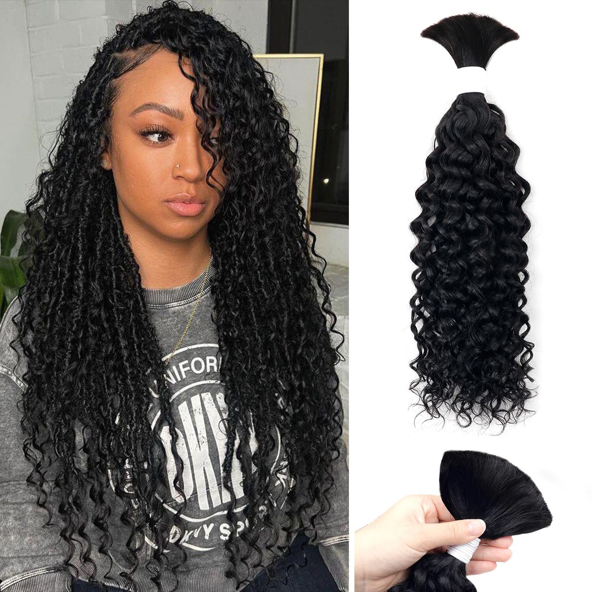 Liqusee 16&quot; Water Wave Curly Human Braiding Hair, 100G Natural Black, 100% Unprocessed