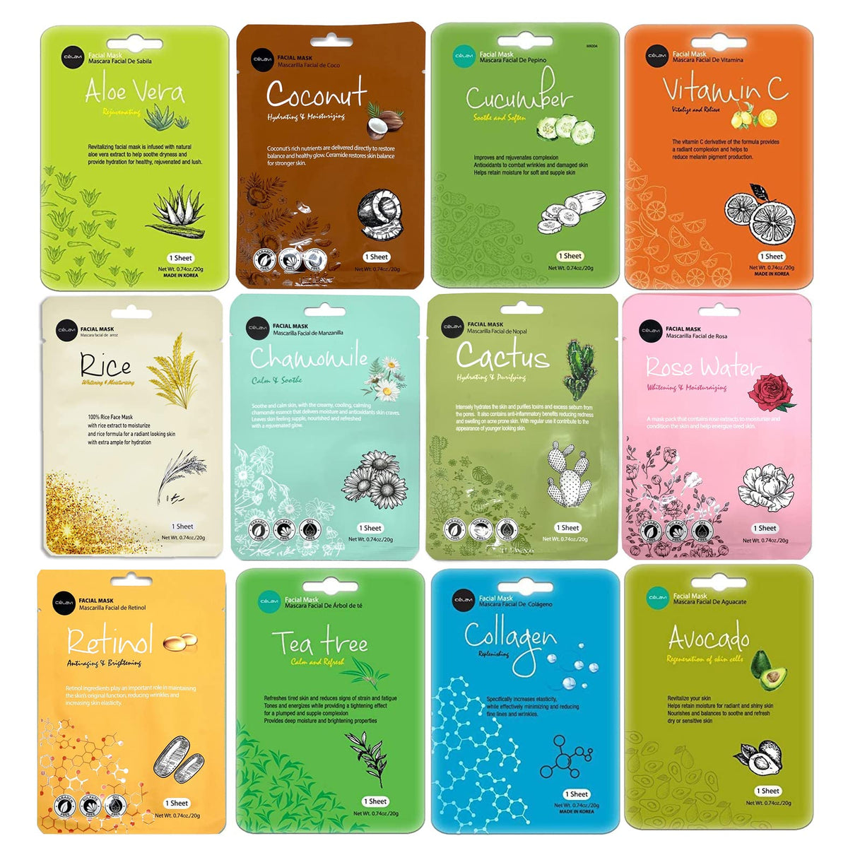 Celavi Essence Facial Face Mask - K-Beauty Moisturizing 12 Pack For Radiant Skin