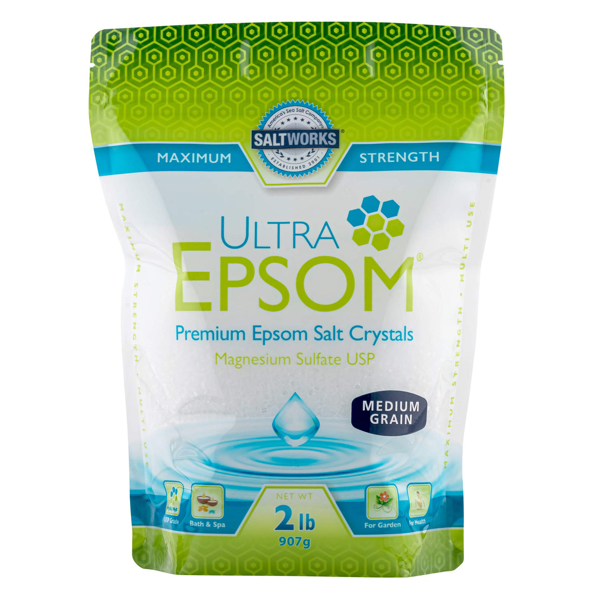 Saltworks Ultra Epsom Bath Salt, Medium Grain, 2 Lb - Translucent White Crystals