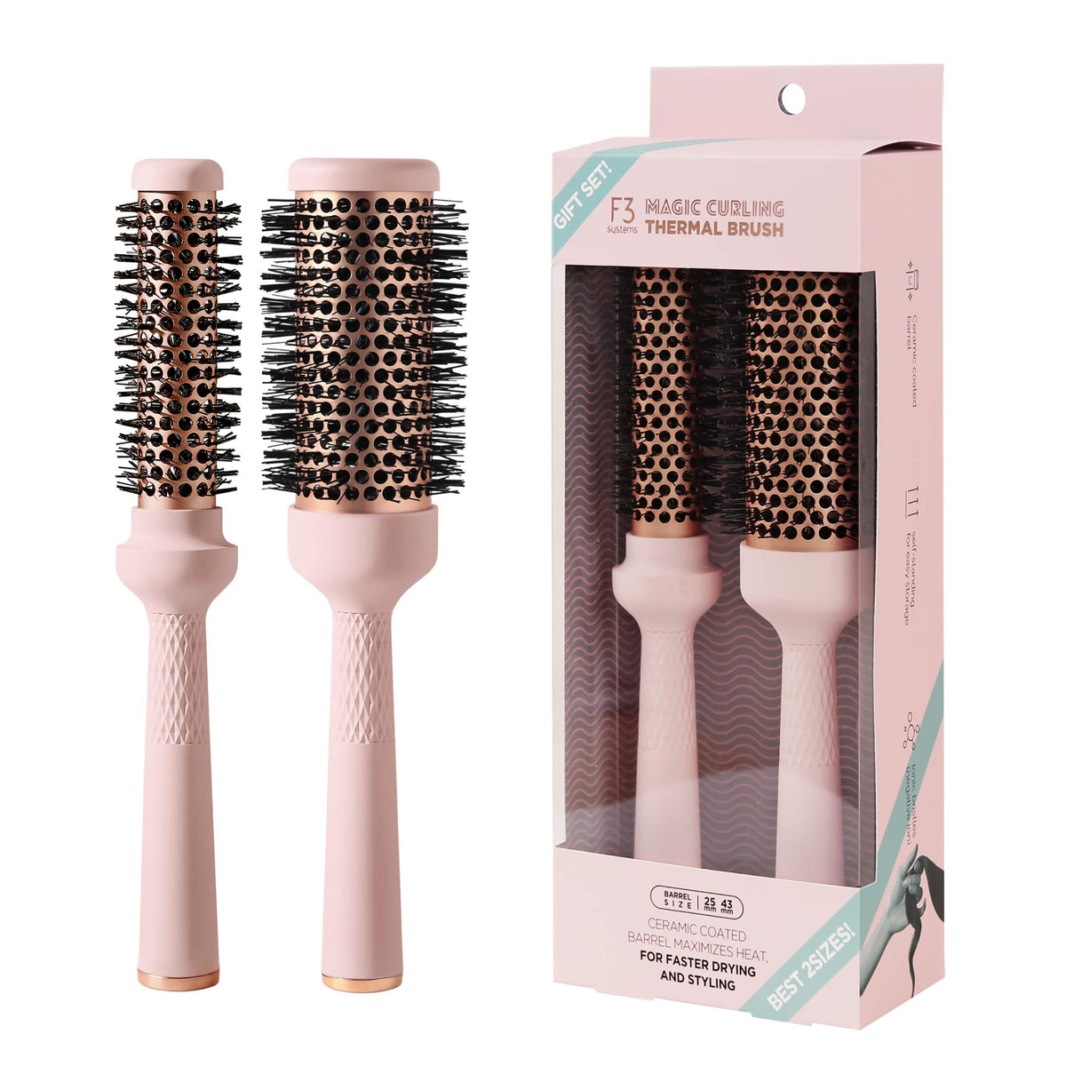 F3 Systems Magic Curling Thermal Brush Set, 1&1.7 Inches, Ceramic Coated, Ionic Wave Styler, Pink