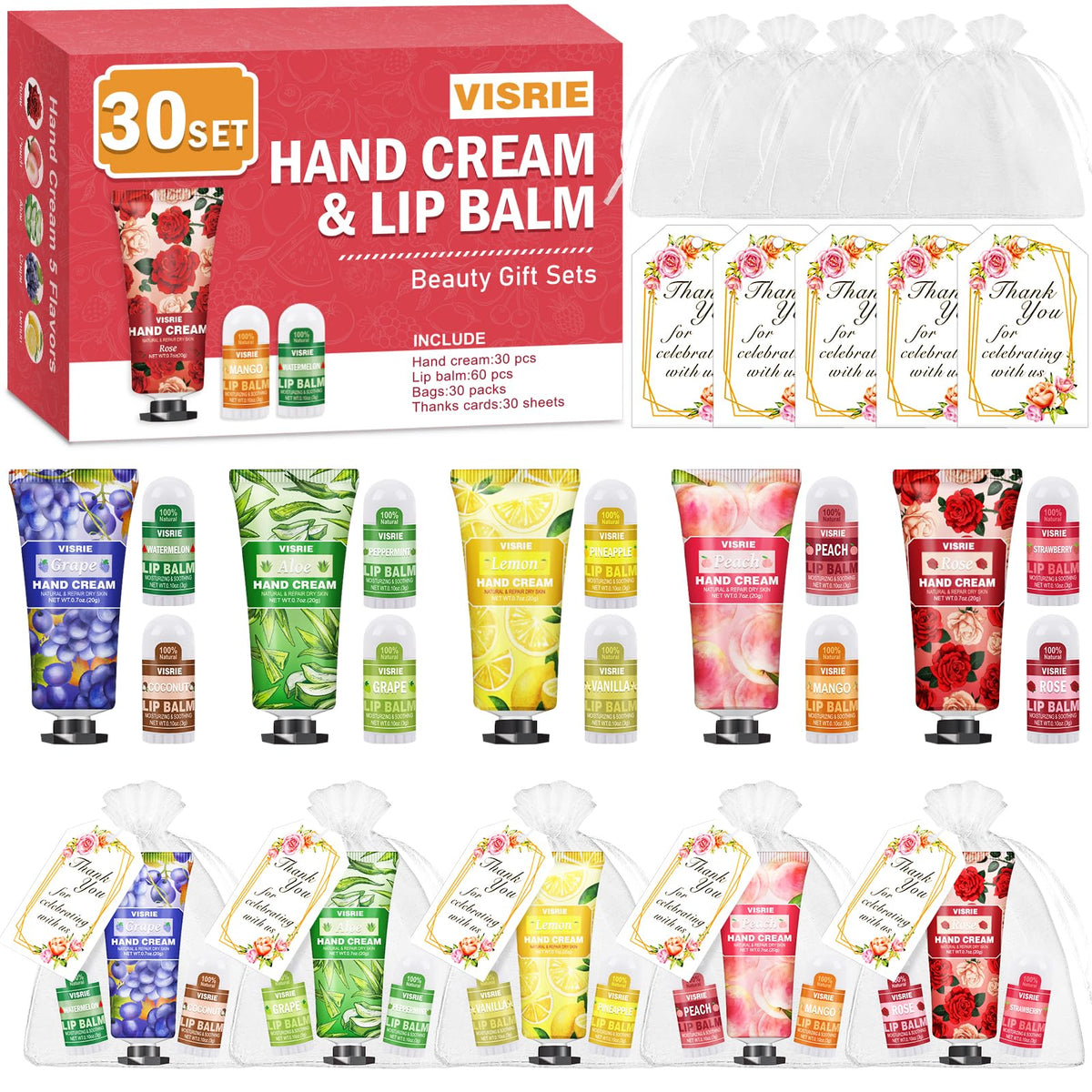 Visrie 30 Pack Hand Cream & 60 Mini Lip Balm Set - Bridal & Baby Shower Gifts With Organza Bag