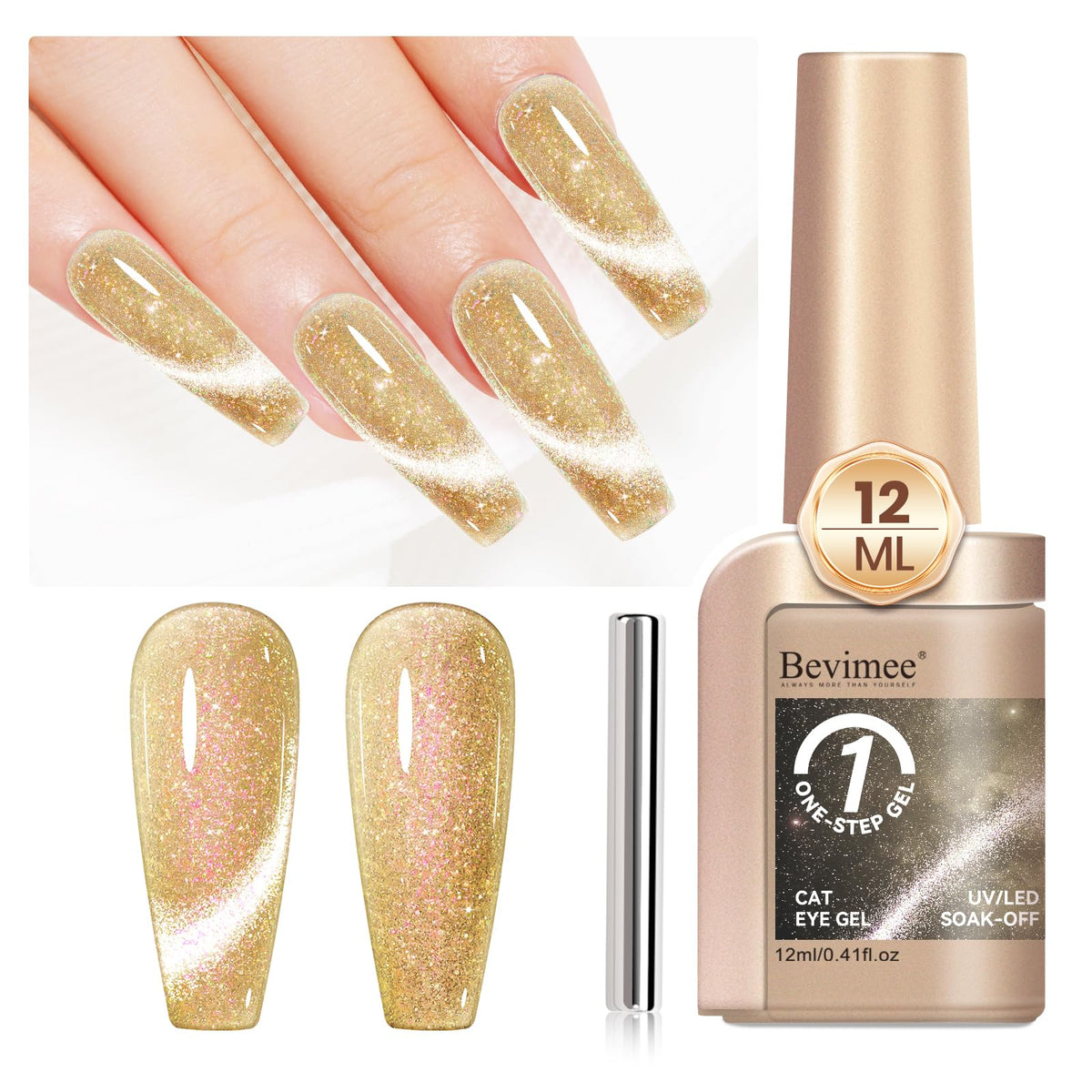 Bevimee Cat Eye Gel Polish 12Ml - Champagne Gold Magnetic Nail Art, Glitter Crushed Ice Effect