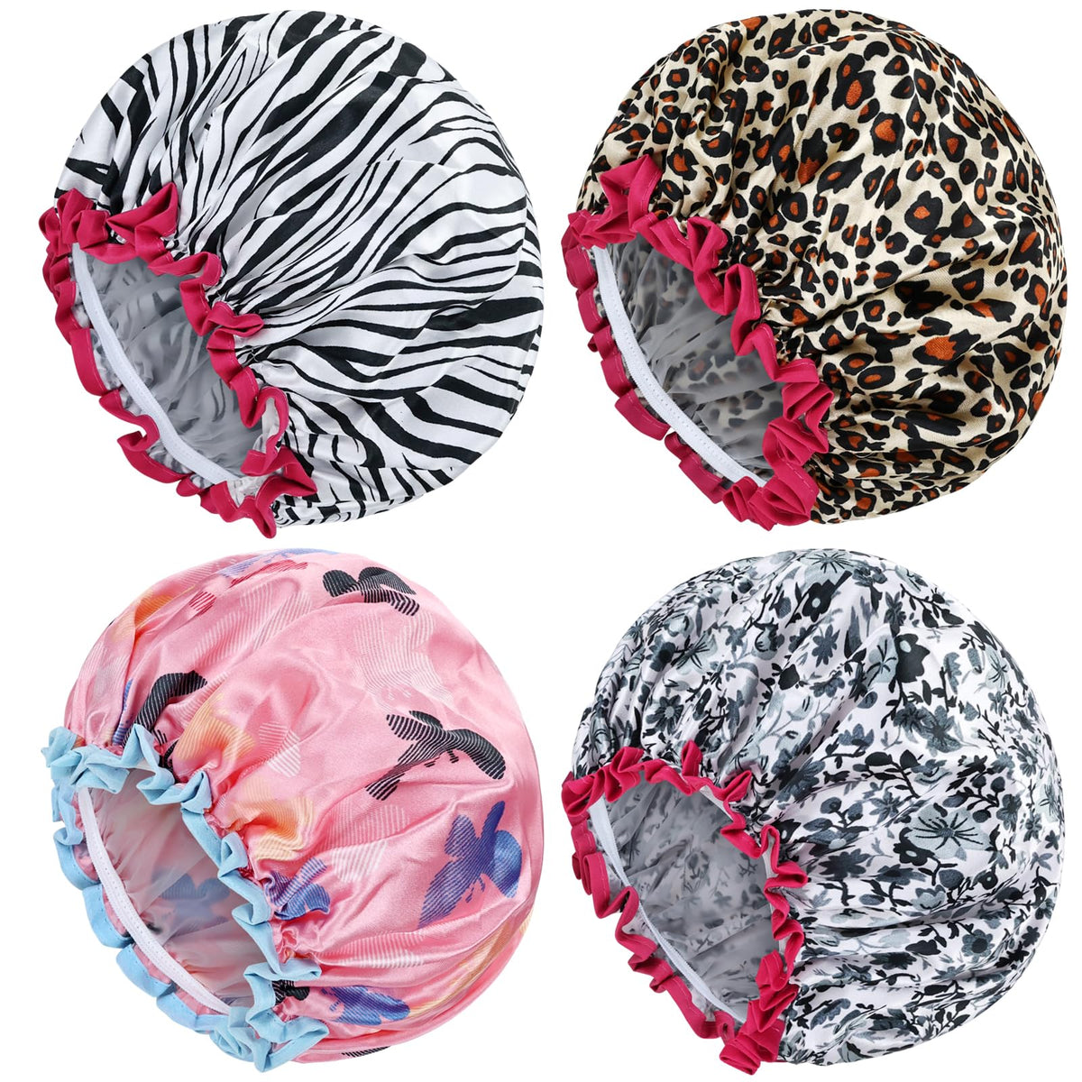 Lawie Satin Shower Caps 4 Pack - Double Layer Waterproof Adjustable Bath Hats For Women & Girls