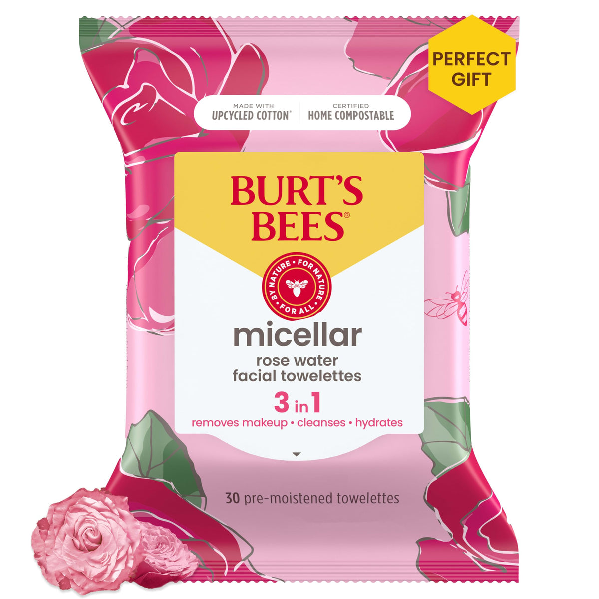 Burt'S Bees Rose Water Micellar Facial Towelettes, 30 Count, 99.5% Natural, All Skin Types