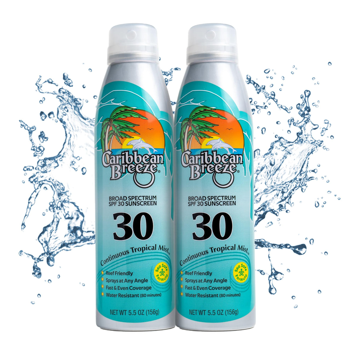 Caribbean Breeze Spf 30 Sunscreen Spray, Reef Safe, 5.5 Oz, 2 Pack, Water Resistant Up To 