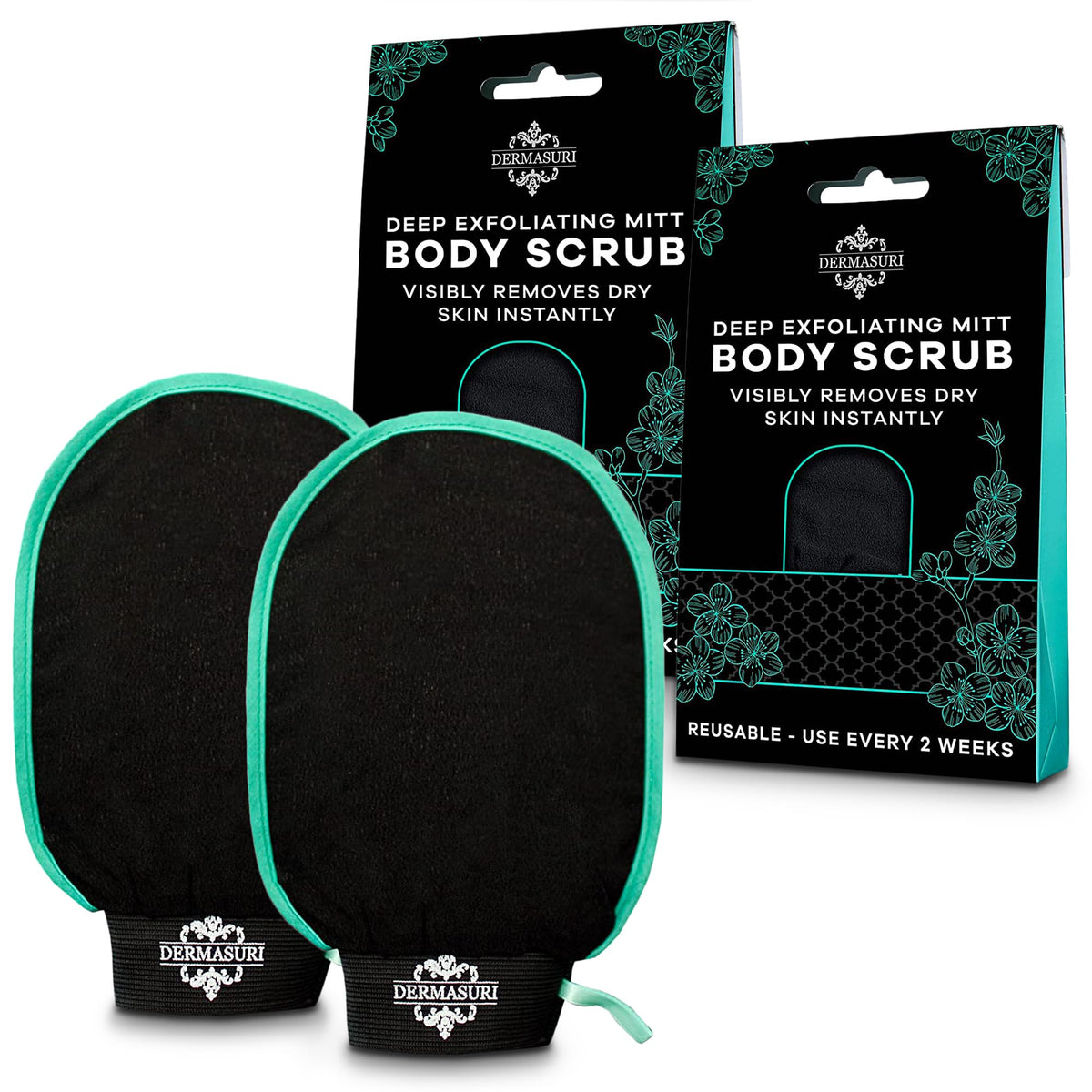 Dermasuri Deep Exfoliating Glove - Body Scrubber For Keratosis Pilaris, 2 Pack - Black/Teal