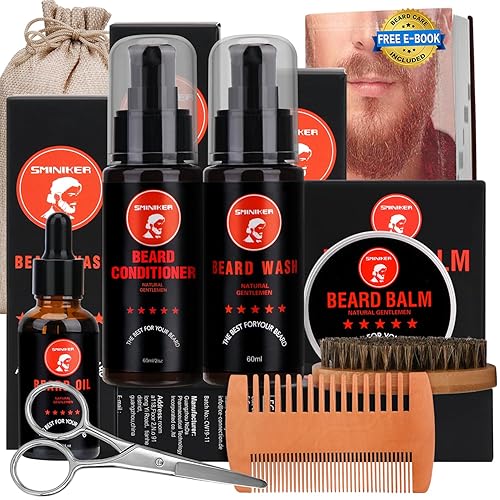 Sminiker Beard Grooming Kit - Oil, Balm, Shampoo, Conditioner, Brush, Comb & Scissors For Men