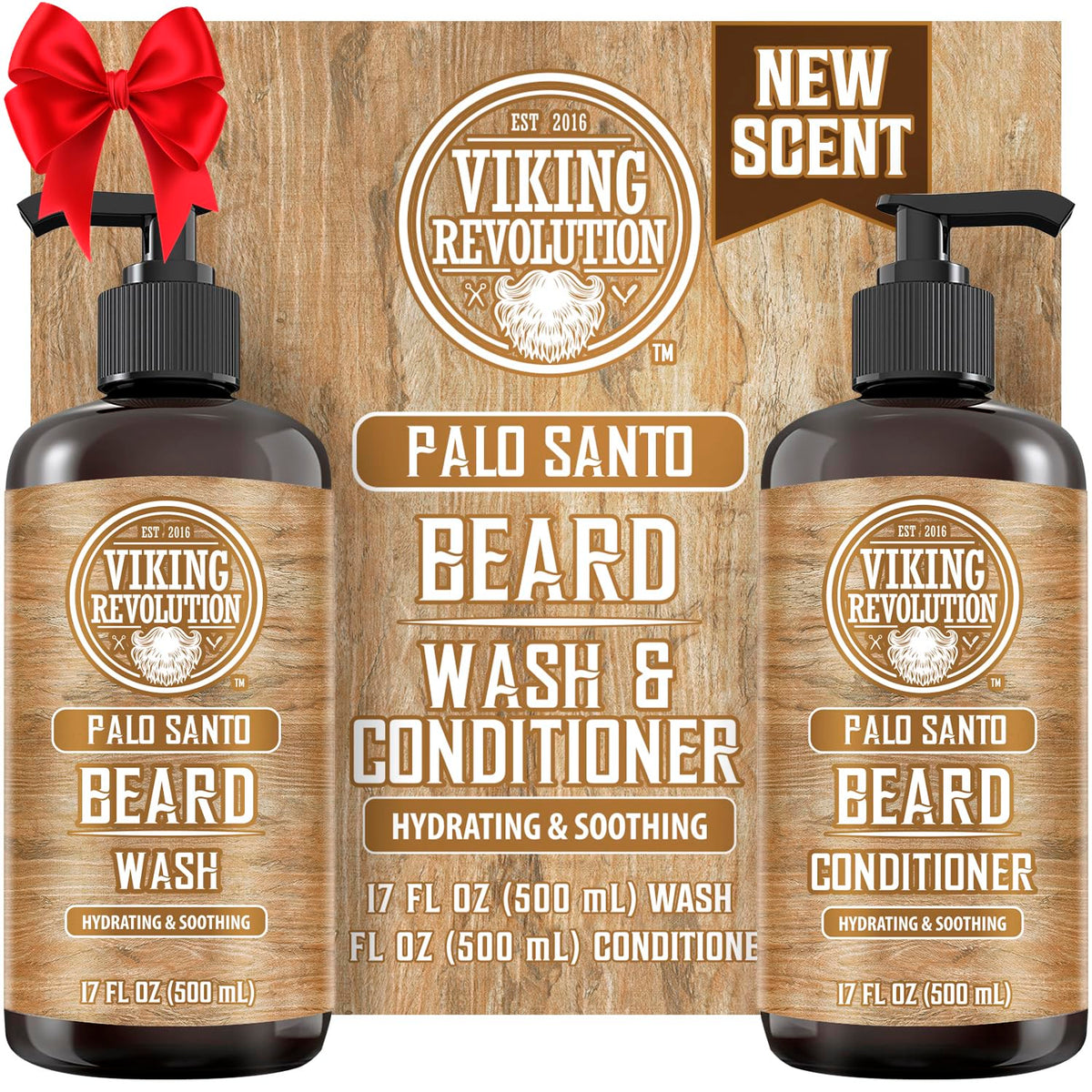 Viking Revolution Palo Santo Beard Wash & Conditioner Set - Argan, Jojoba Oils, 17 Fl Oz