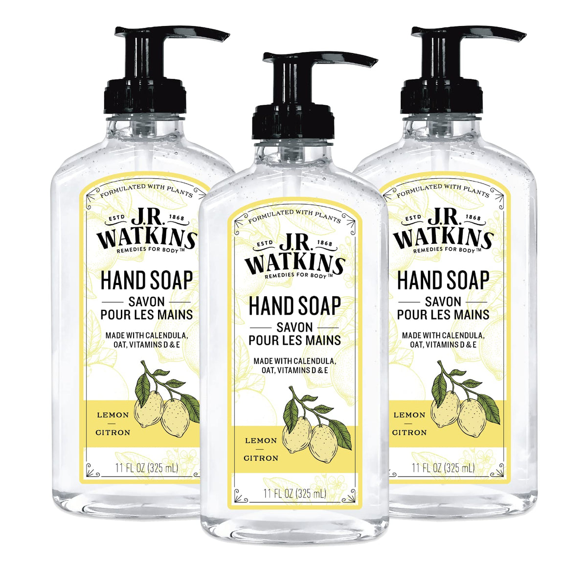 J.R. Watkins Lemon Gel Hand Soap, 11 Fl Oz, Cruelty-Free Liquid Wash, 3 Pack For Kitchen & Bath