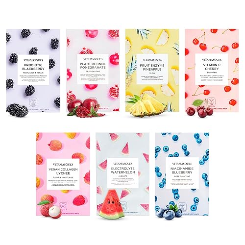 Vitamasques Juicy 7-Pack Face Masks - Triple-Layer Pore Purifying, Brightening, Hydrating Skincare