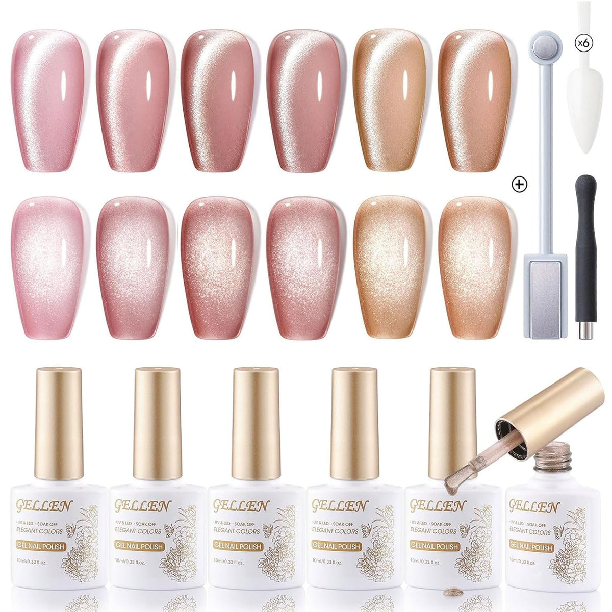 Gellen 6 Colors Cat Eye Gel Nail Polish Set, Pink Champagne Glitter For Home Salon Manicure