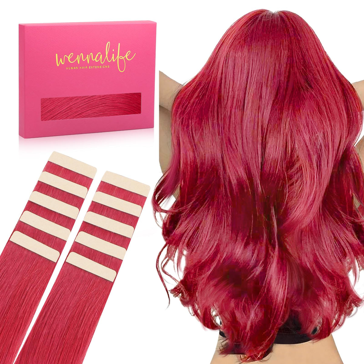 WENNALIFE 20&quot; Red Tape in Hair Extensions, 10pcs 30g Remy Human Hair, Invisible & Soft