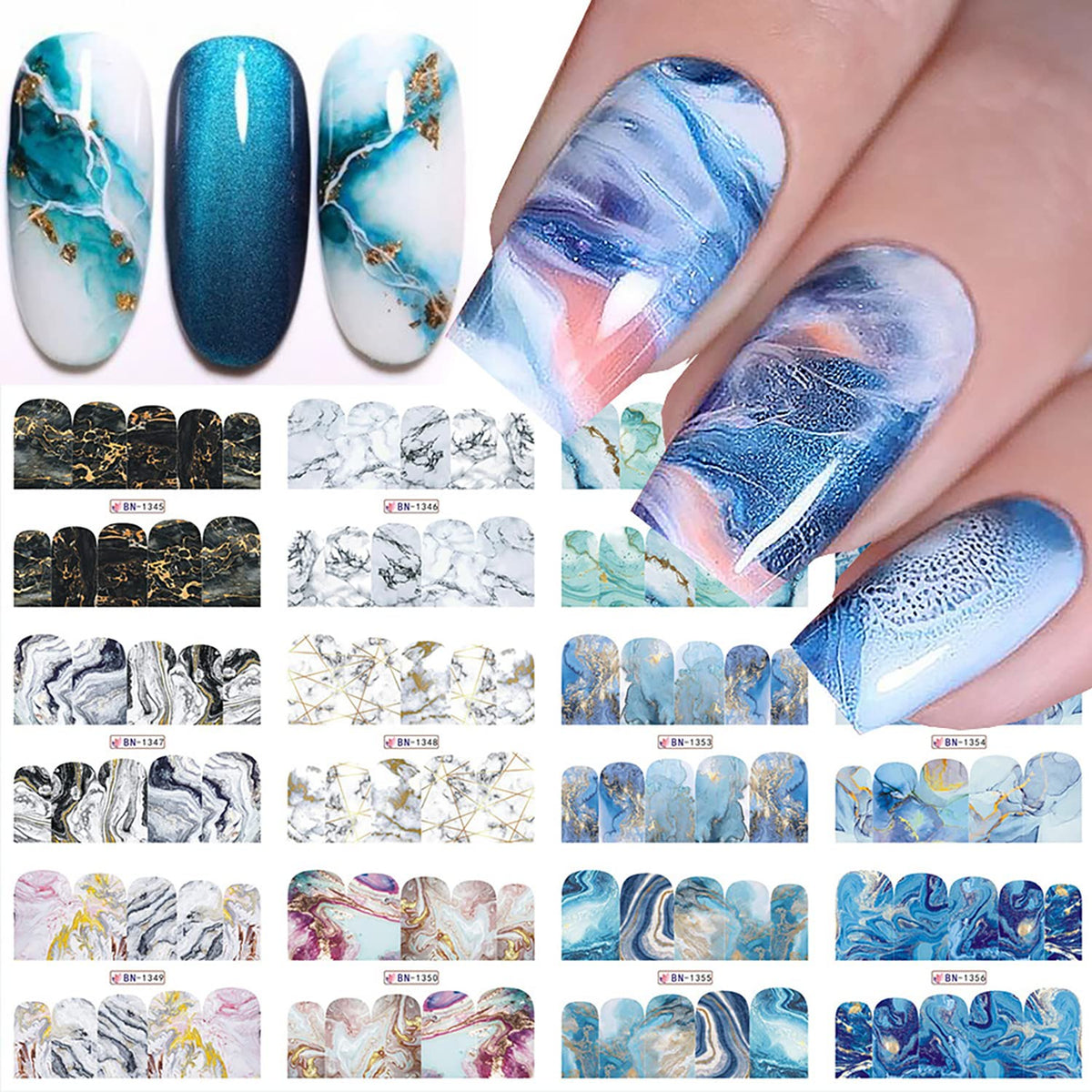 Tbrztr Holographic Marble Nail Decals - 12 Sheets Colorful Acrylic Stickers For Women