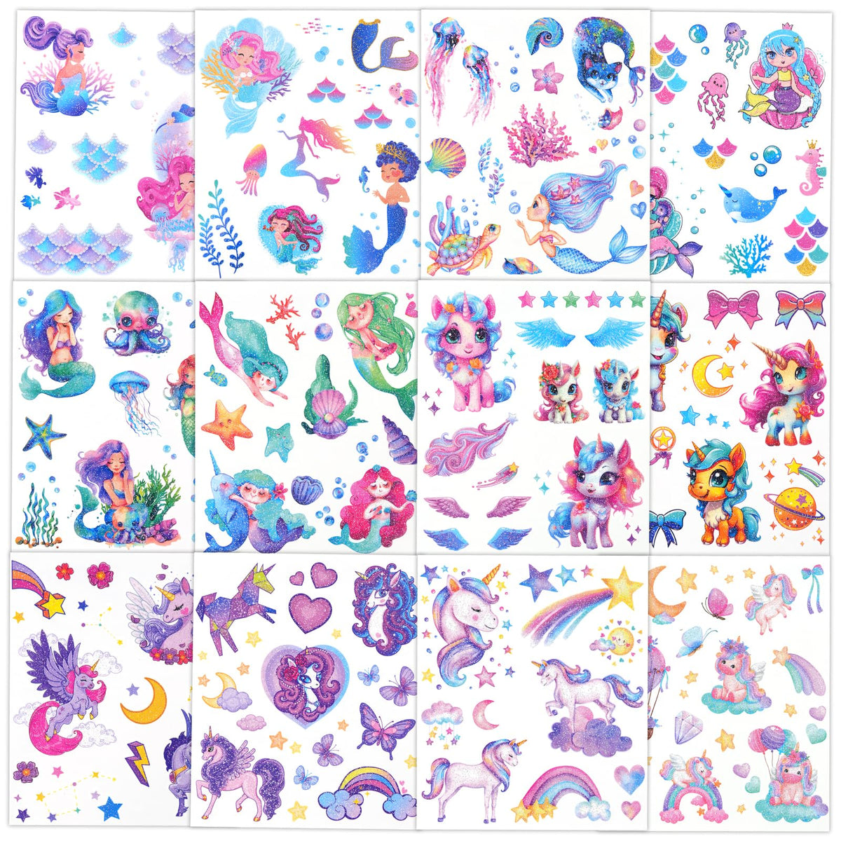 Ozepao Mermaid Unicorn Glitter Temporary Tattoos - 12 Waterproof Sticker Sheets For Kids