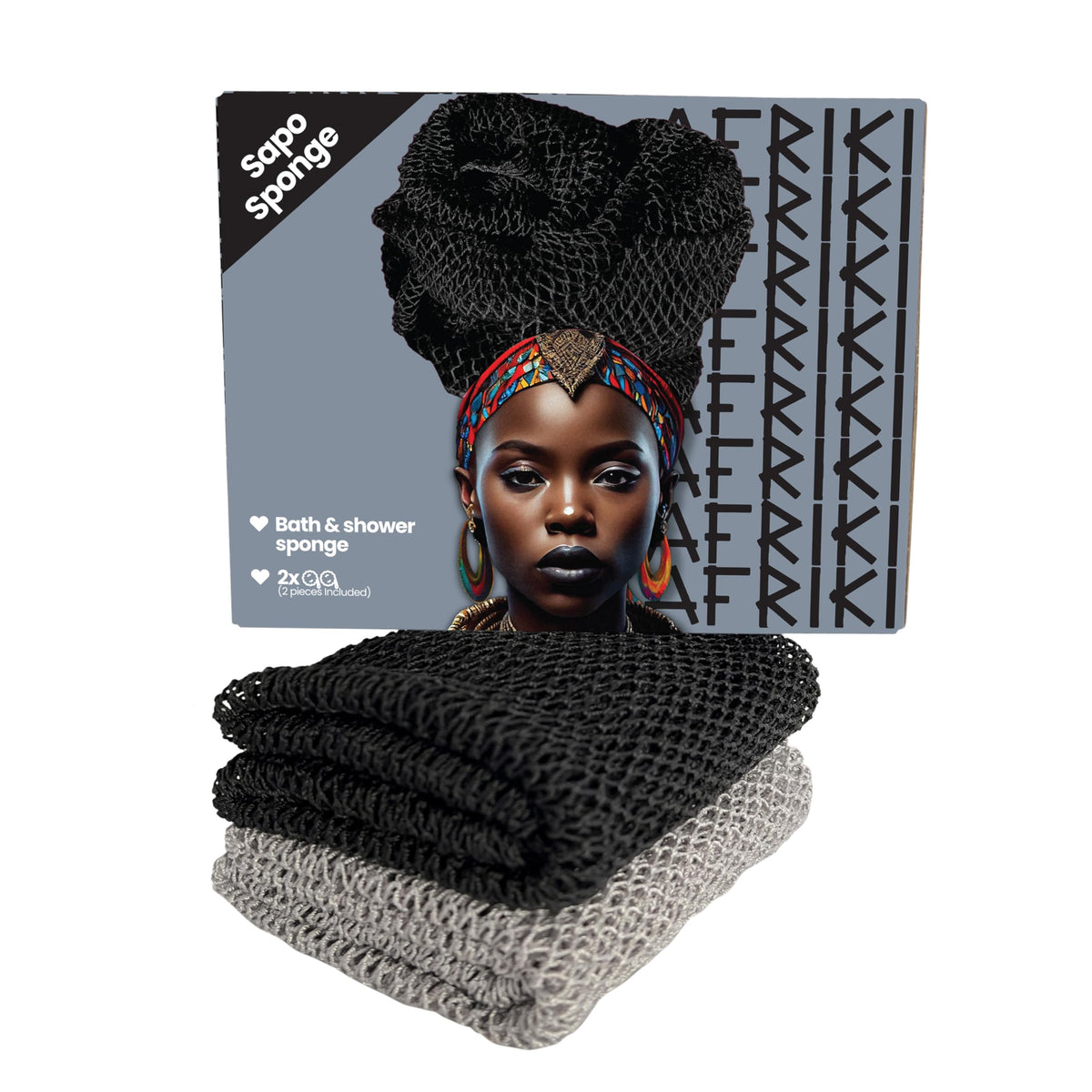 Afriki African Exfoliating Sponge, Black & Grey, 2-Pack, Body Scrubber For Bath & Shower