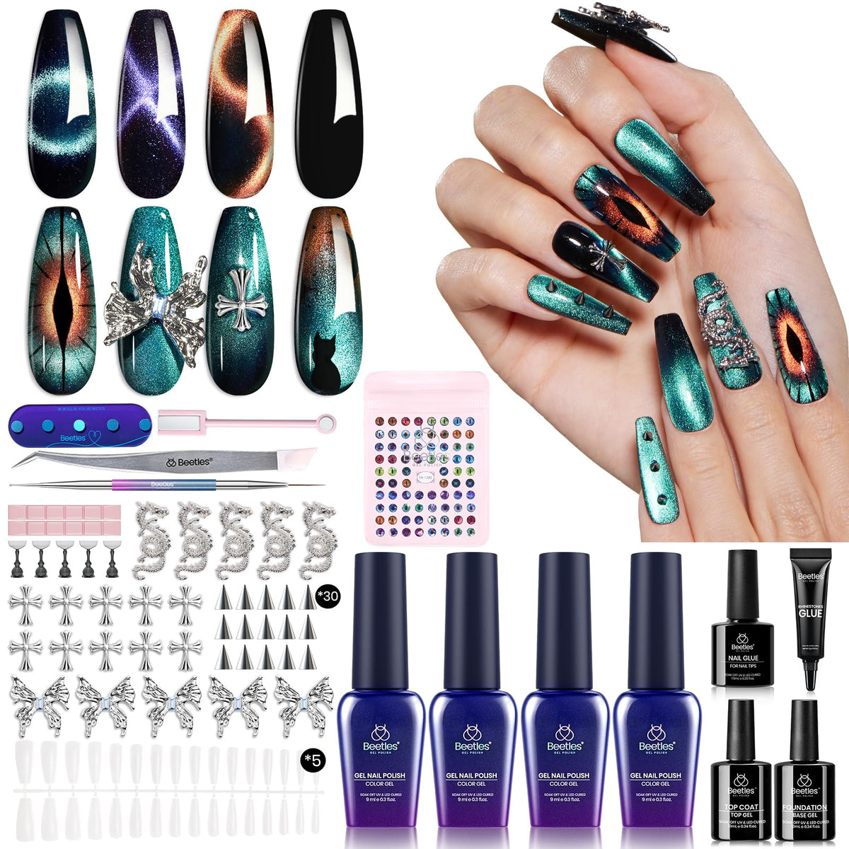 Beetles Cat Eye Gel Polish Set - 10 Colors, Rhinestone & Magnet Stickers, Perfect Gift For Women