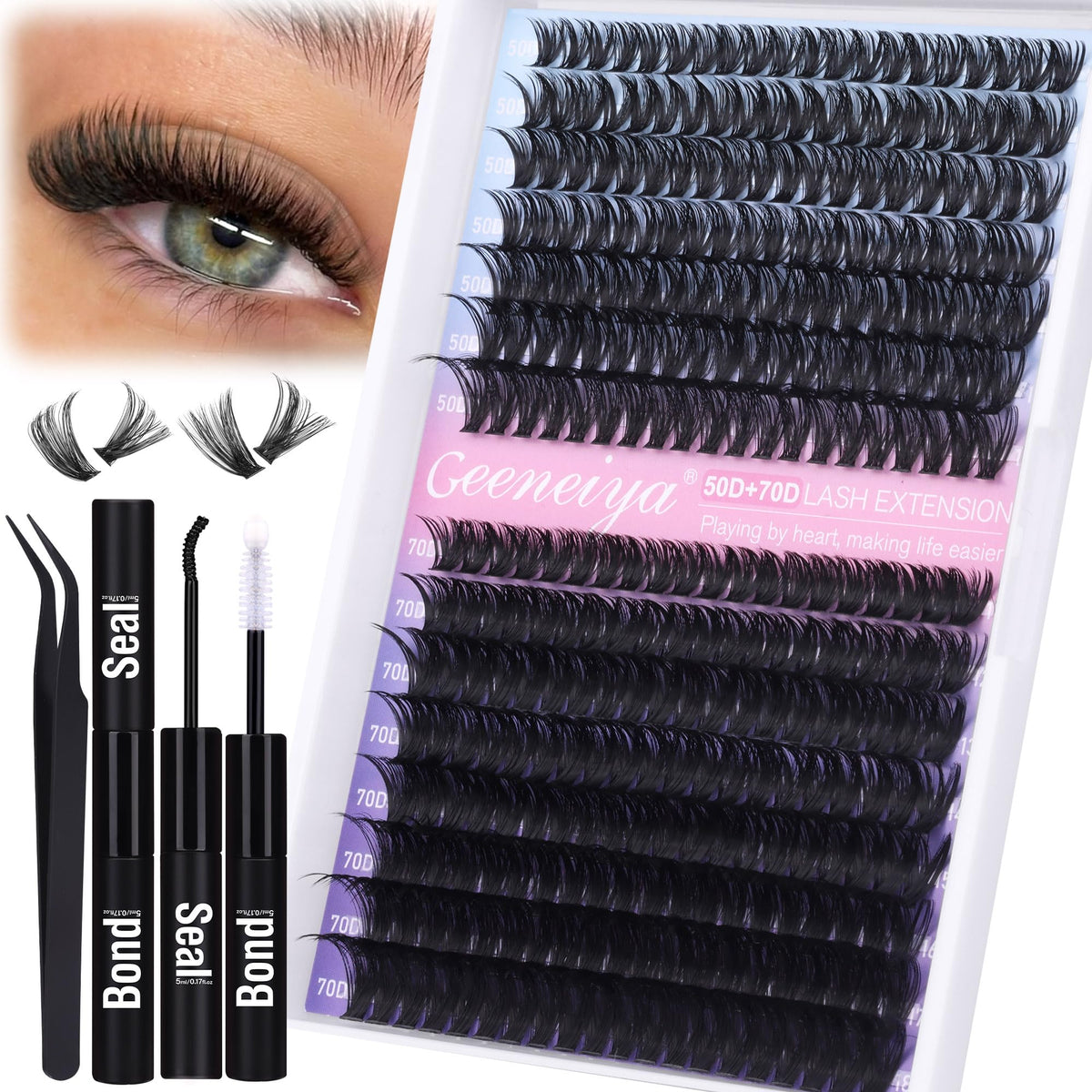 Geeneiya 50D+70D Wispy Lash Clusters Kit - Natural Synthetic Eyelash Extensions For Beginners