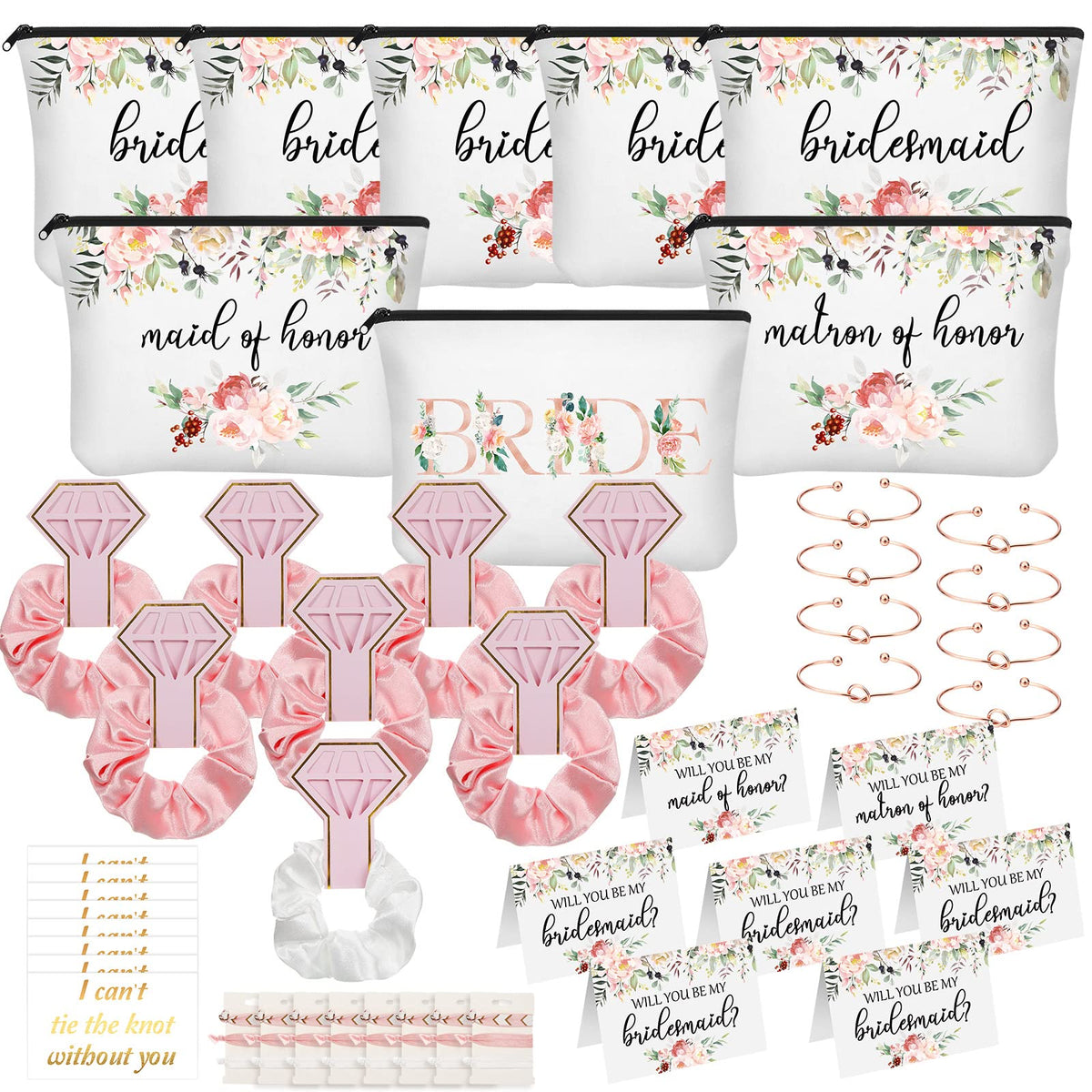 Coume 63 Pcs Bridesmaid Proposal Gift Set - Makeup Bags, Scrunchies, Bracelets, Cards, Floral Design