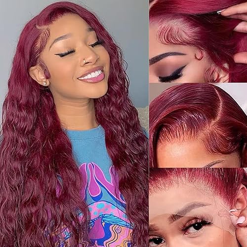 FASHION PLUS 26&quot; 99J Burgundy Loose Wave Human Hair Wig, 200% Density Lace Front for Black Women