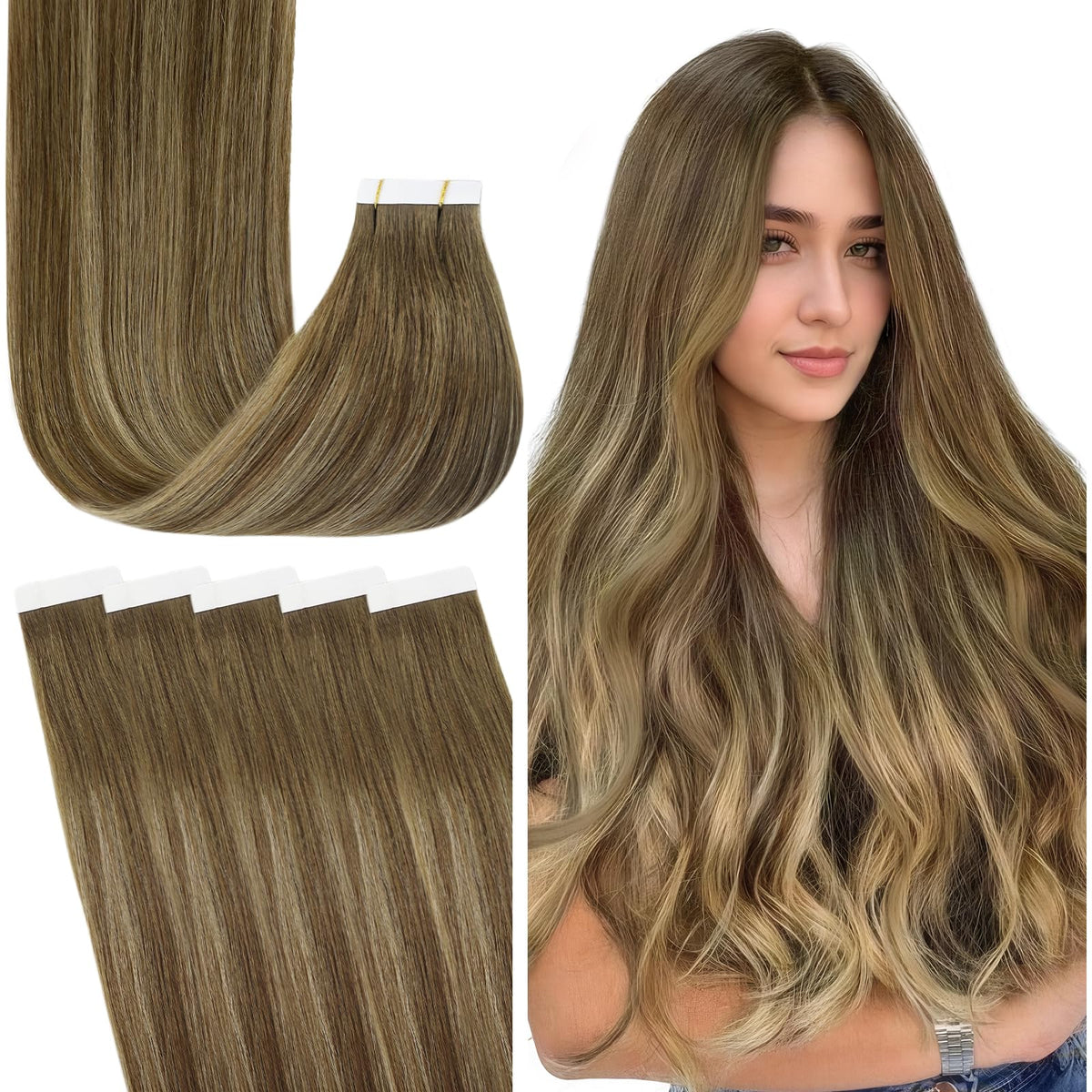 Fshine 22&quot; Balayage Tape-In Human Hair Extensions #4/27/4 Chocolate Brown To Caramel Blonde