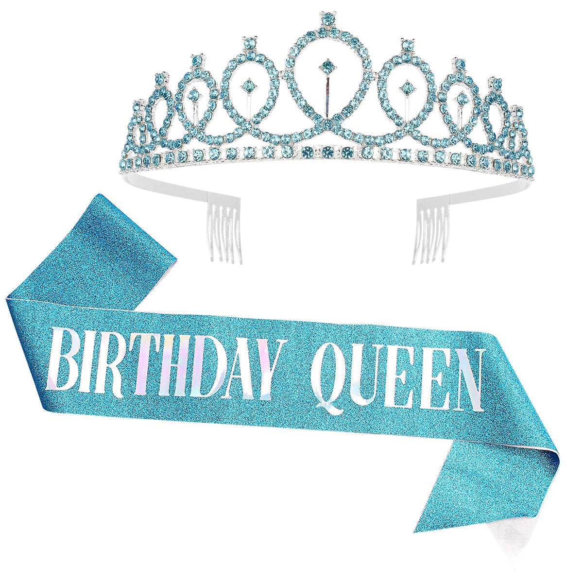 Cieher Birthday Crown Set - Blue Tiara, Queen Sash & Rhinestone For Women & Girls Party Decor