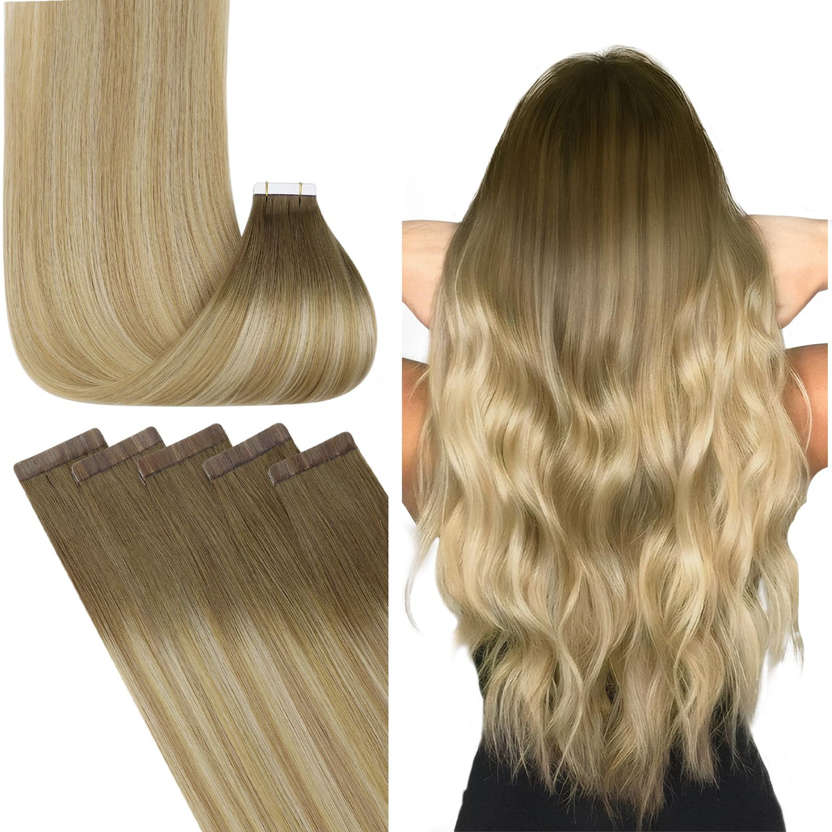 Fshine 20&quot; Human Hair Tape-In Extensions Ombre Brown To Caramel Blonde, 50G, Silky Straight