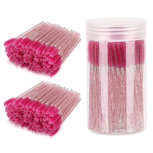 Tbestmax 300 Pcs Disposable Eyelash Brush Set with Container, Hotpink Spoolies for Makeup