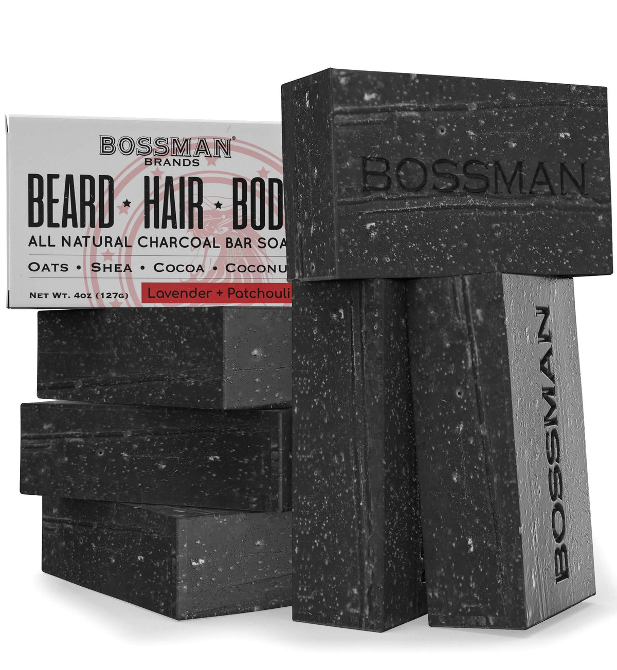 Bossman 6 Pack 4-In-1 Bar Soap - Natural Beard Wash, Shampoo, Body Wash & Shaving Soap, Lavender