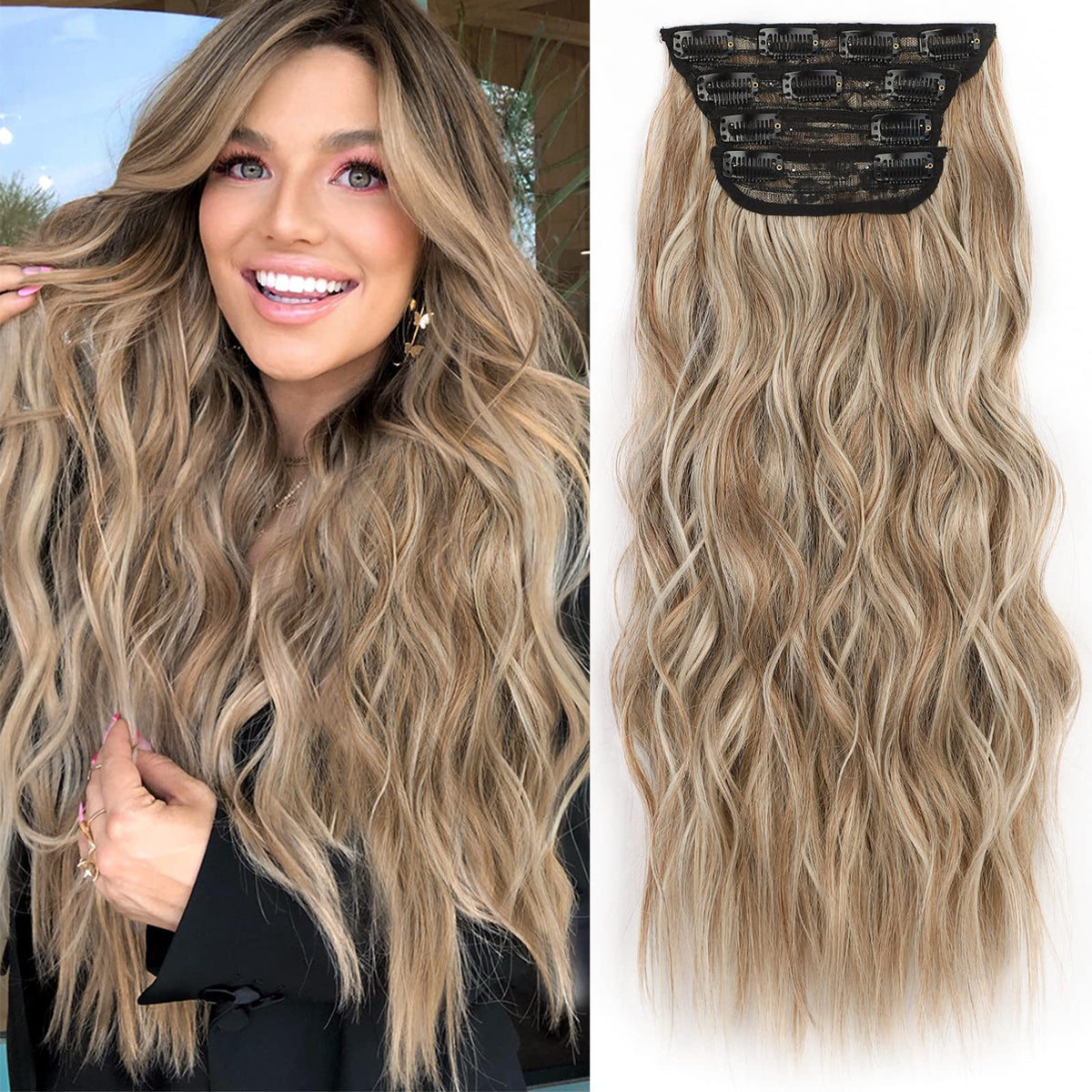 Alxnan 20&quot; Clip-In Long Wavy Synthetic Hair Extensions - Thick Fiber Hairpieces, Light Brown Mixed Blonde