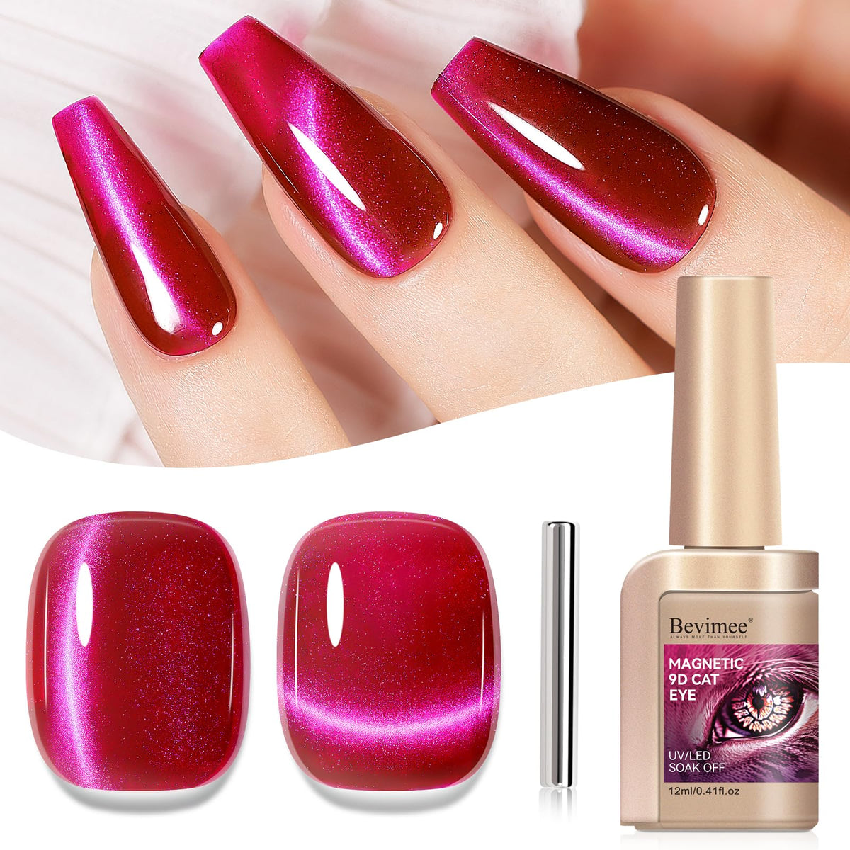 Bevimee Holographic Cat Eye Gel Polish - Jelly Hot Pink/Red Uv Gel, 12Ml For Diy Manicure