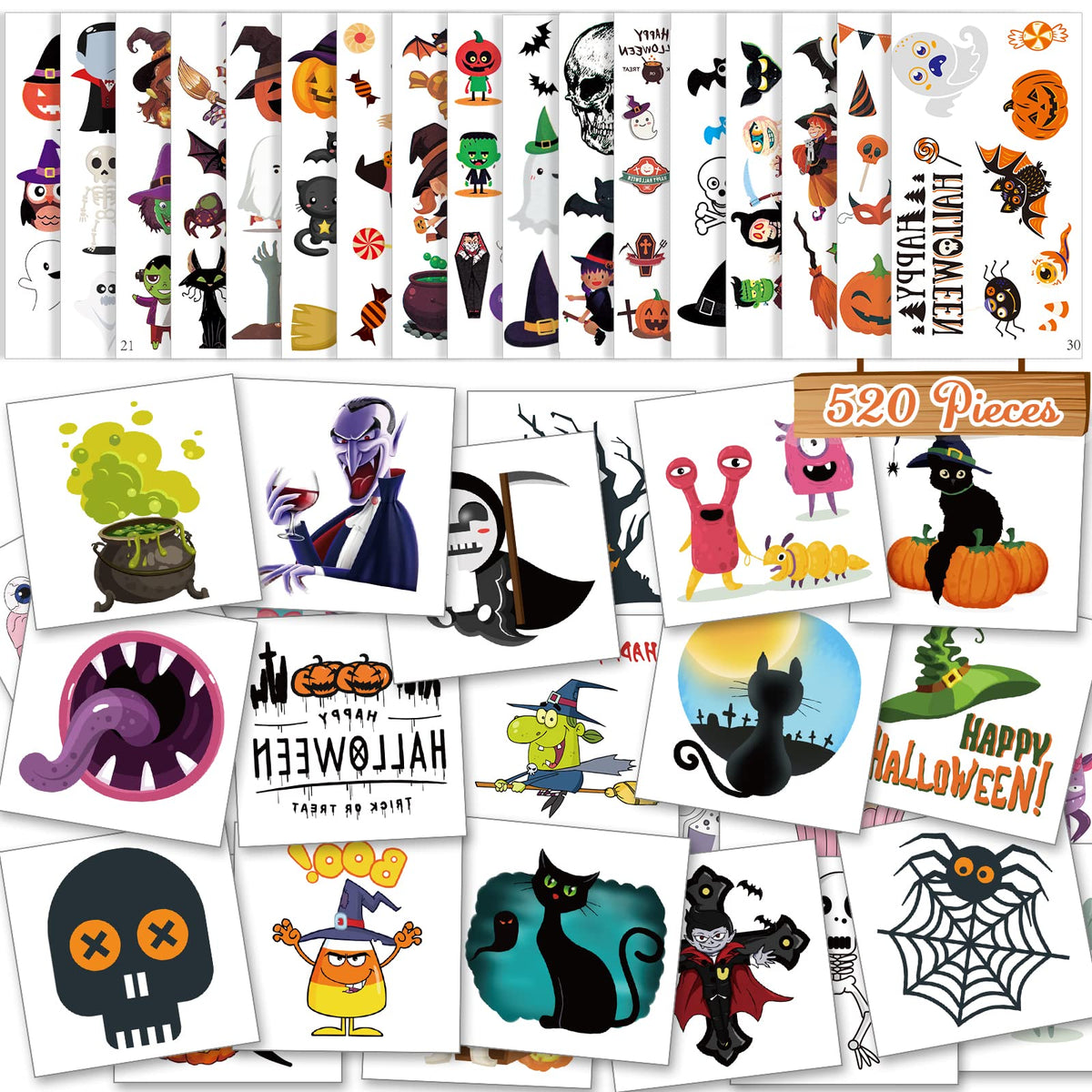 Vespro 520Pcs Halloween Temporary Tattoos - Pumpkin & Candy Stickers For Kids Party Favors