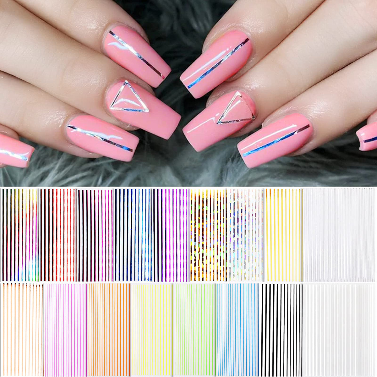 Ebanku 17 Sheets Strip Line Nail Stickers - 3D Fluorescent Gold Nail Art Decals For Women