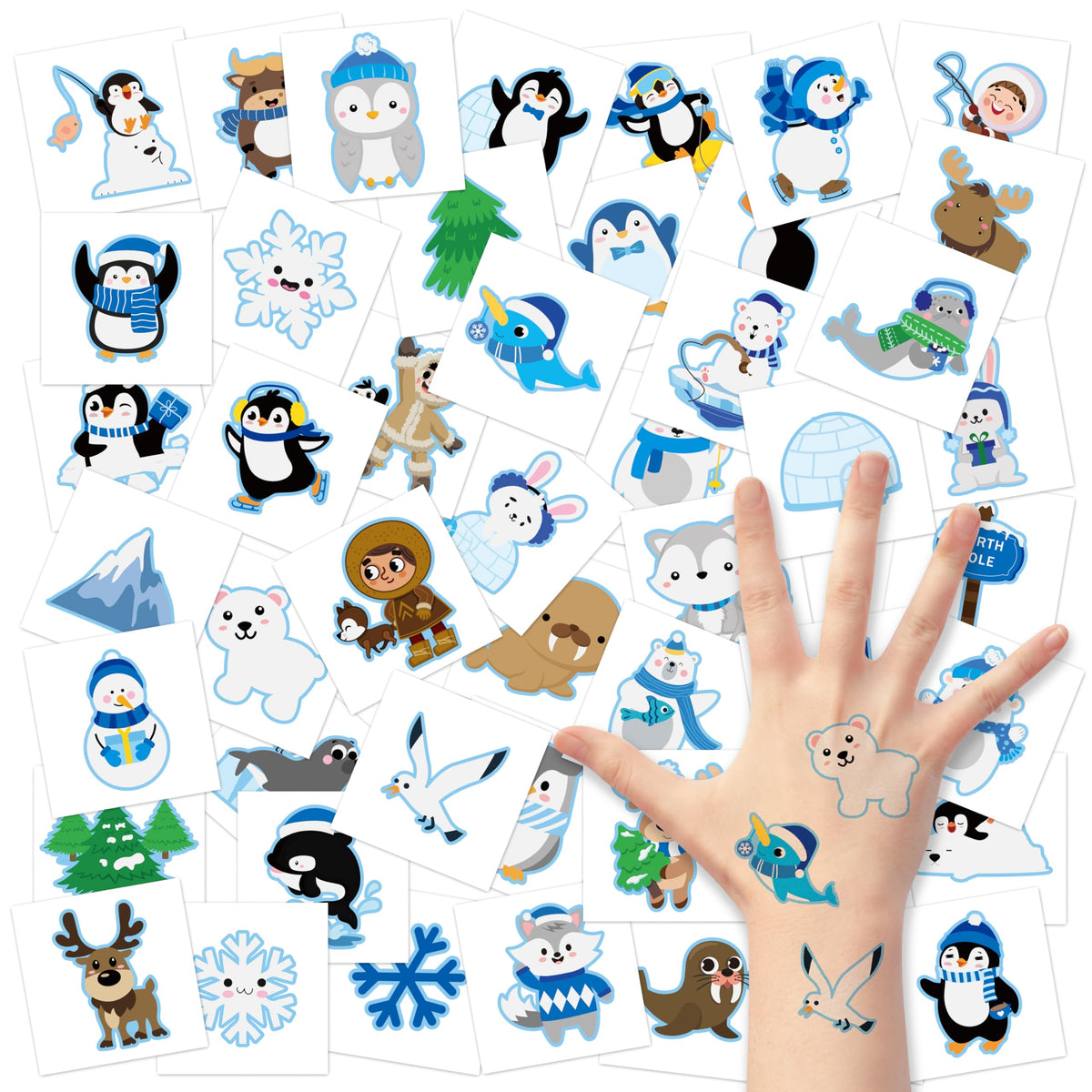 3Sscha 144Pcs Polar Animals Temporary Tattoos - Non-Toxic Waterproof Kids Winter Party Favors