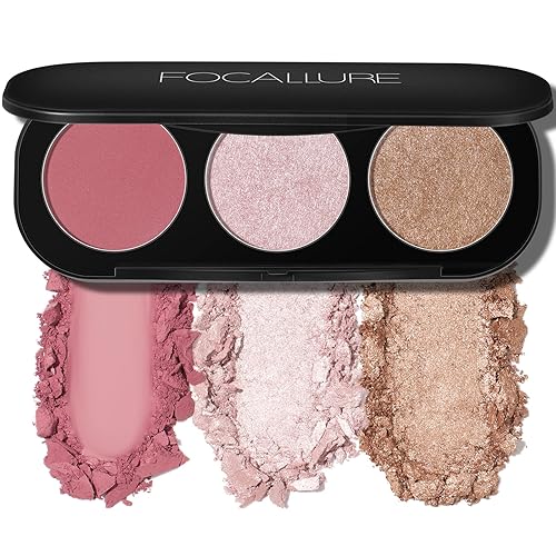 FOCALLURE 3-in-1 Blush & Highlighter Palette, Matte & Shimmer, Cruelty-Free, #03,