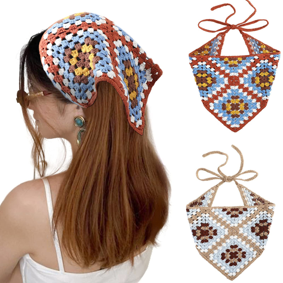 Awaytr Crochet Bandana Head Scarf Set - 2 Pcs Floral Hair Wraps For Women (Blue & Coffee)