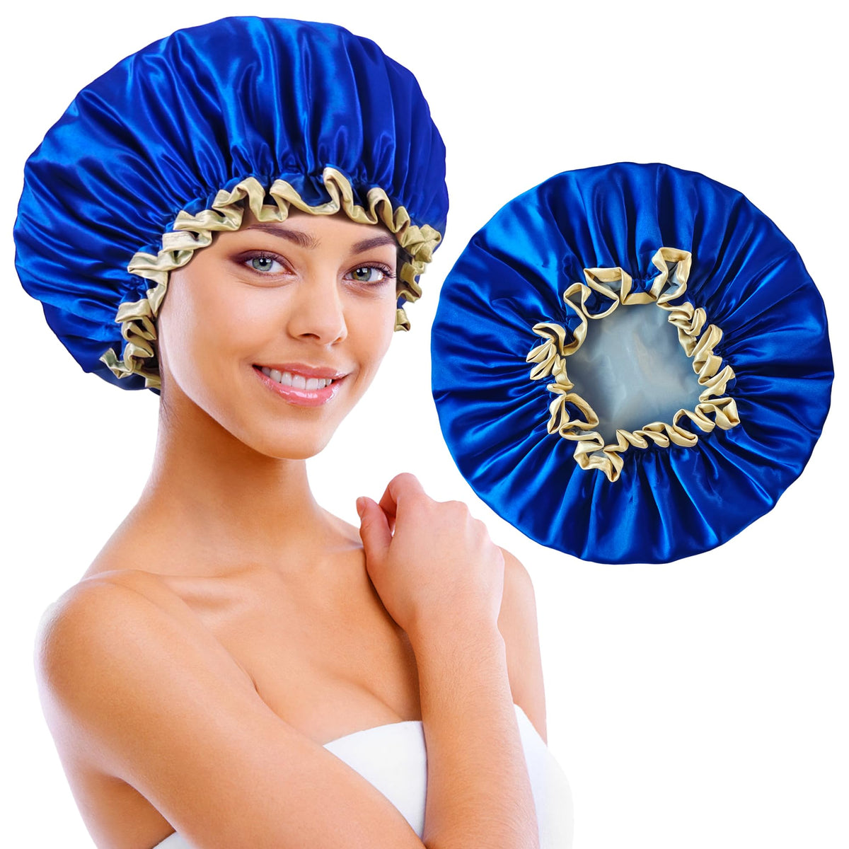 Choshion Large Reusable Waterproof Shower Cap For Women, Satin Double Layer For Long Hair