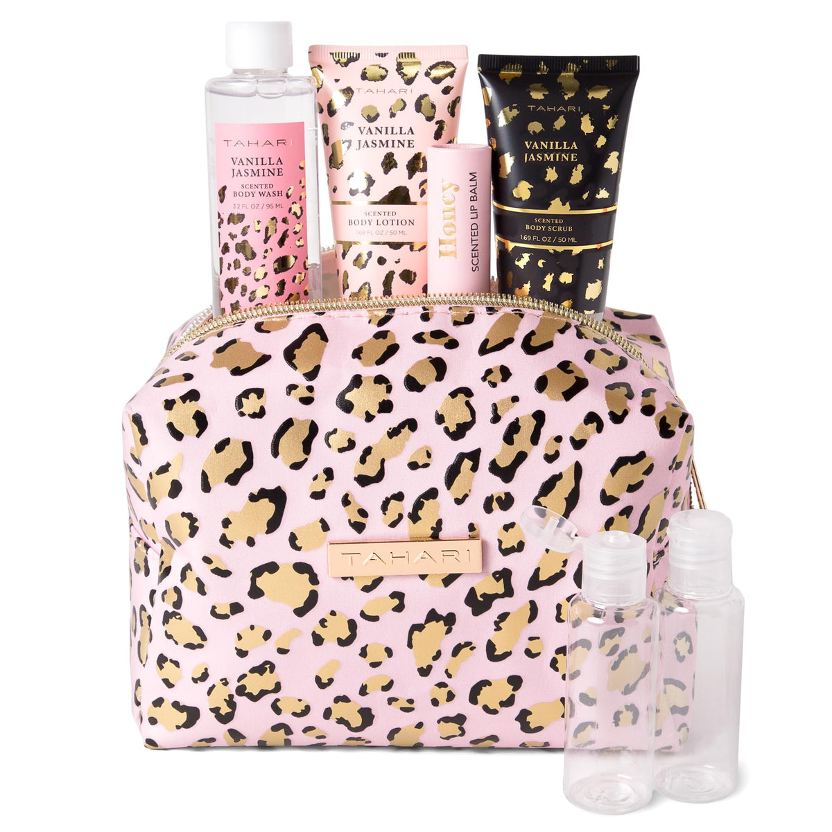 Tahari Vanilla Jasmine Spa Gift Set - Luxurious Bath Kit & Lip Balm - Leopard Selfcare Gift