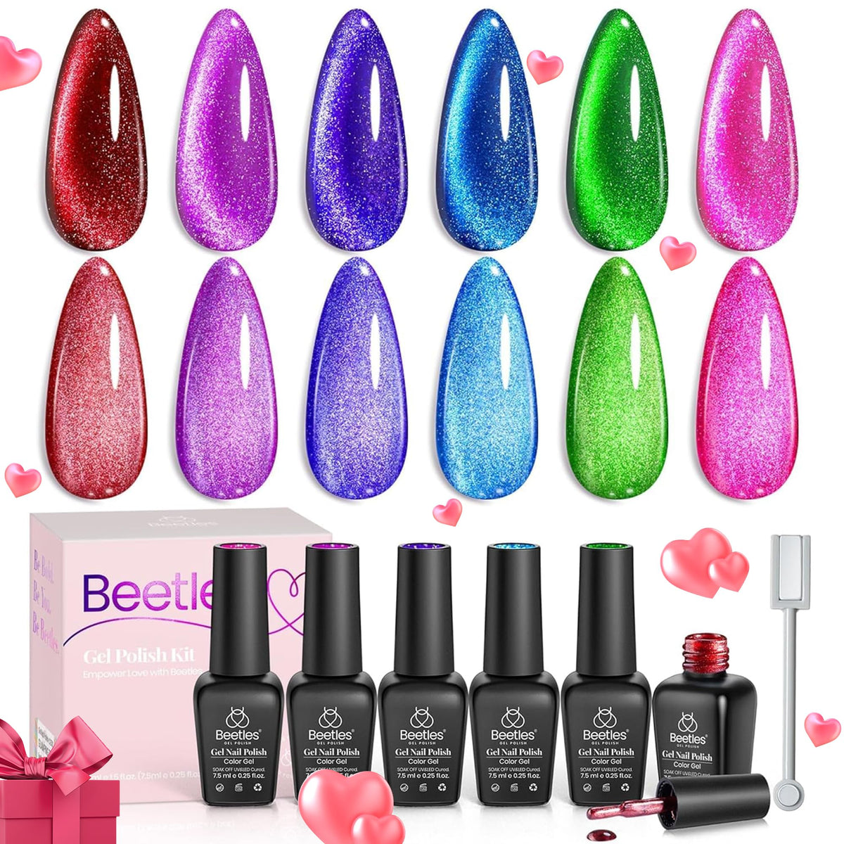 Beetles Cat Eye Gel Nail Polish Set - 6 Colors Glitter Velvet Gel For Diy Manicure, 0.5 Fl Oz