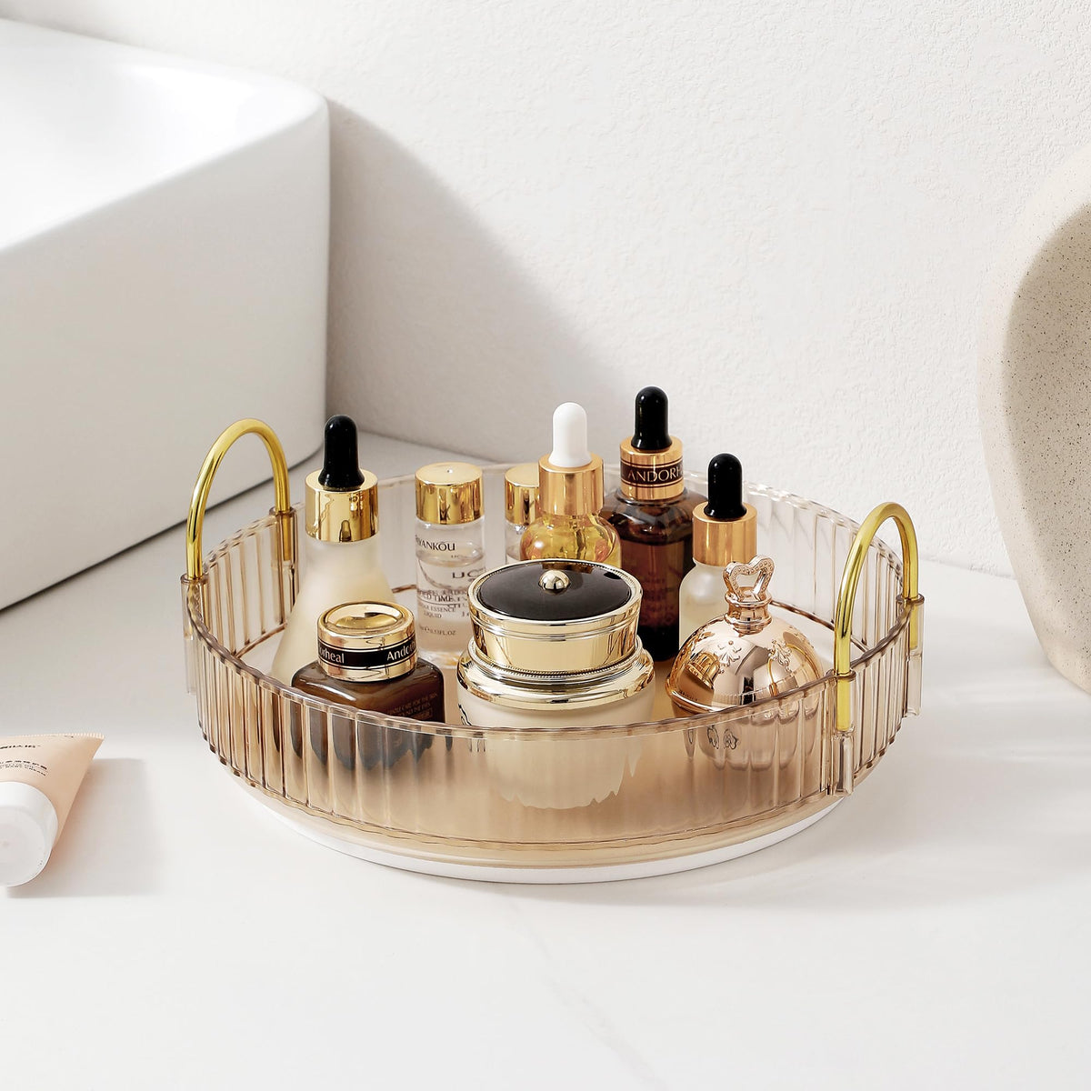 Aveniee 360 Rotating Makeup Organizer - Large Amber Gold Skincare & Perfume Storage, 1 Tier