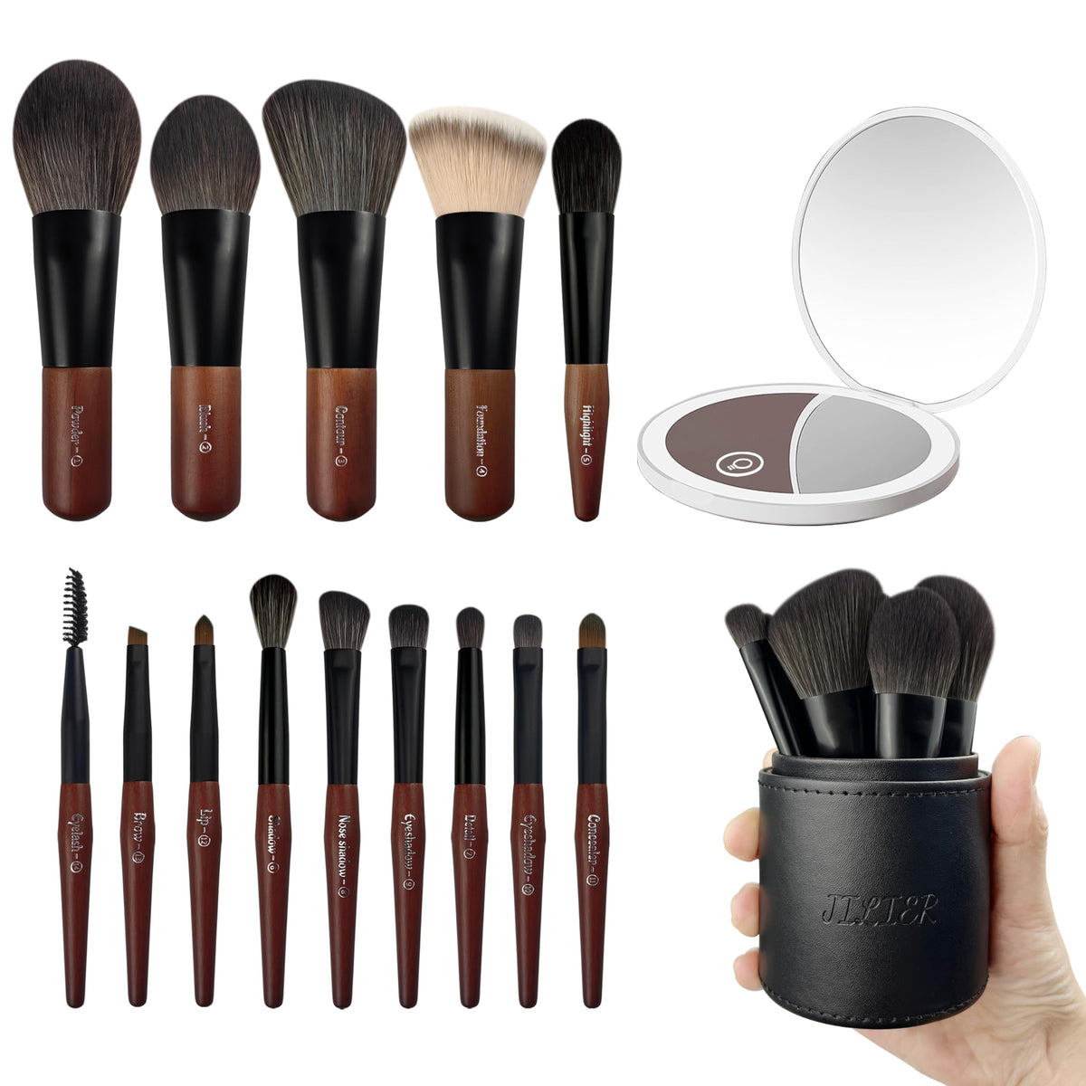 Jilier 14 Pcs Mini Makeup Brush Set With Led Mirror, Travel Size, Portable Makeup Essentials