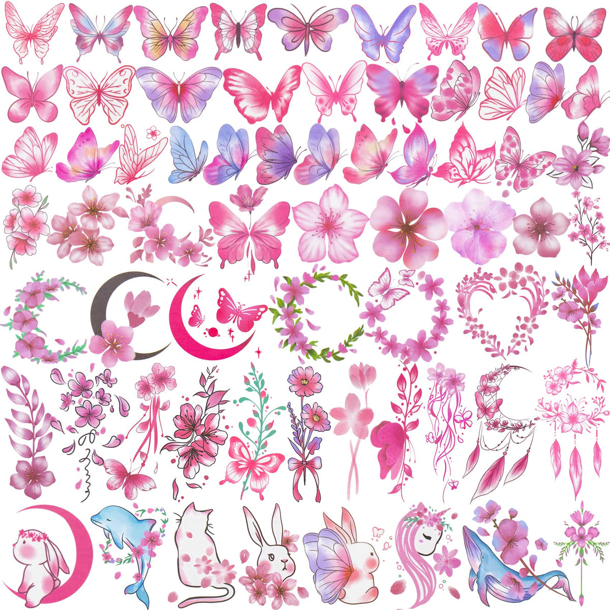 Pagow 60 Sheets Pink Butterfly Temporary Tattoos - Waterproof Stickers For Women & Girls