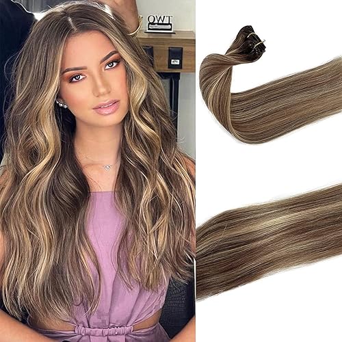 Munx 16&quot; Clip in Human Hair Extensions, 70g Ombre Ash Brown & Bleach Blonde Highlights